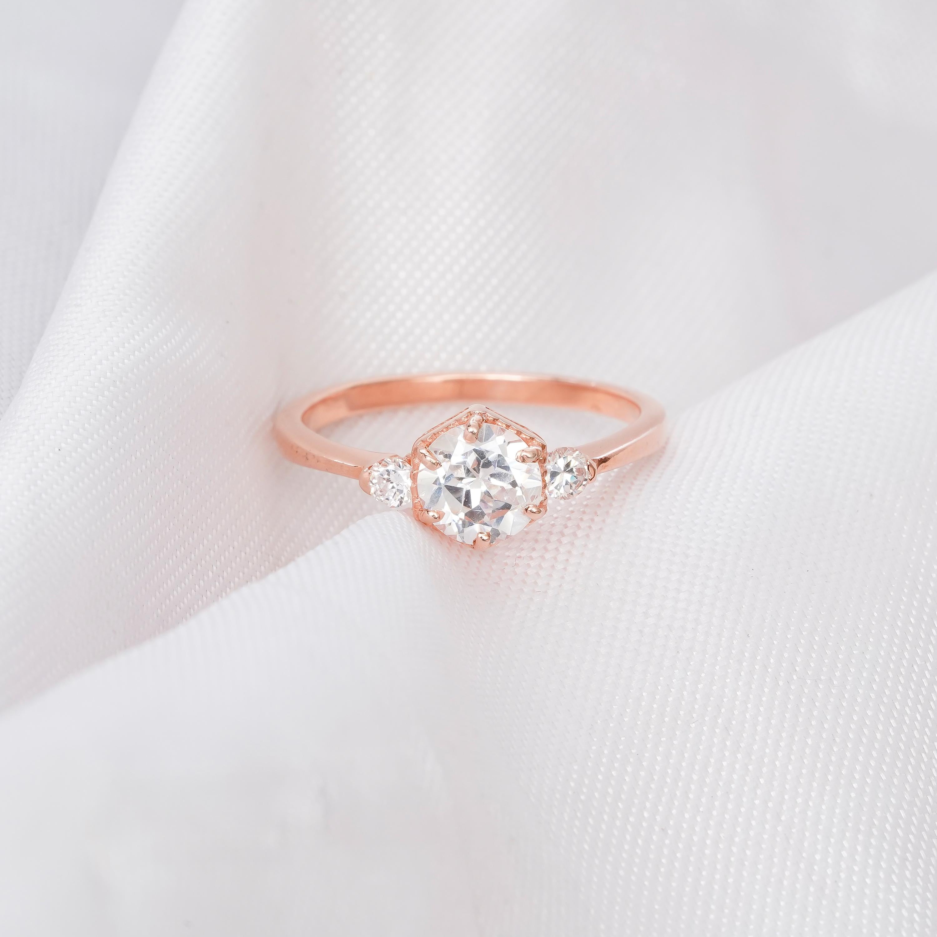 Moissanite Engagement Ring Set For Women 925 Sterling Silver Three Stone Bridal ArtDeco 1.5c Ring Matching Blue Sapphire Dainty Wedding Band