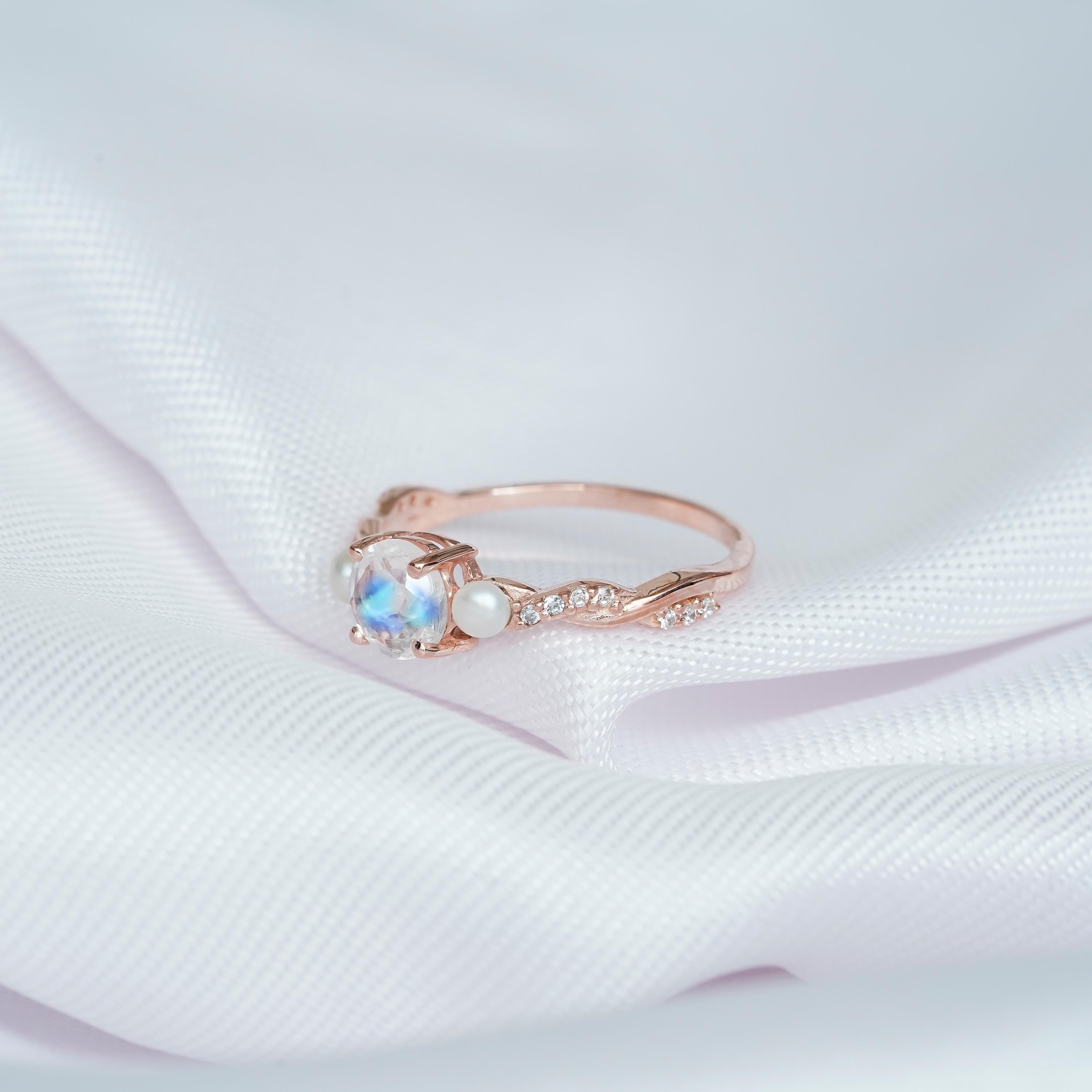 Moonstone Engagement Ring 925 Sterling Silver Round Cut with Pearls Wedding Ring For Women Proposal Minimalist Infinity Three Stone Ring