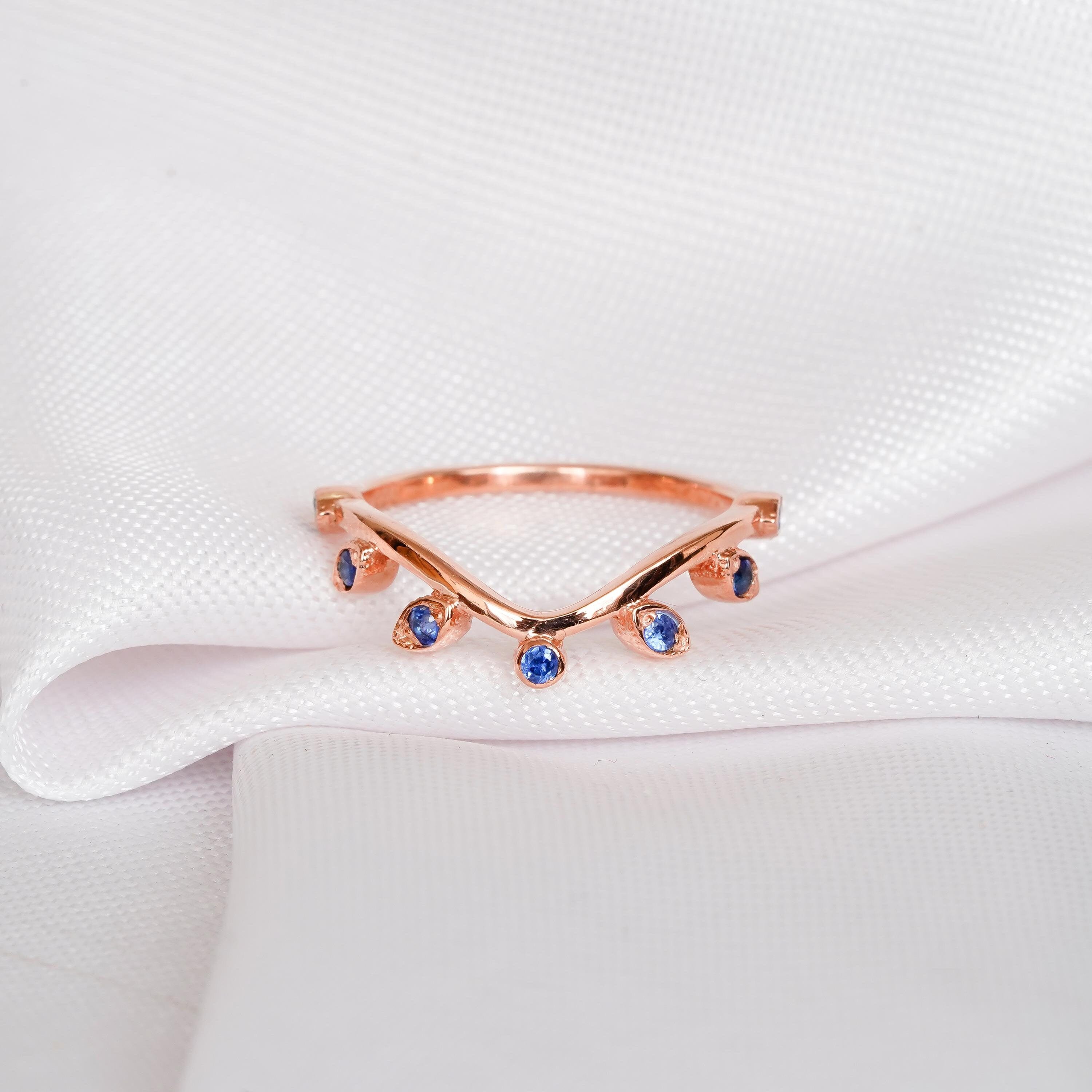 Leaf Wedding Band Blue Sapphire 925 Sterling Silver For Women Round Leaf Stackable Bridal Matching Anniversary Gift Dainty Ring For Her