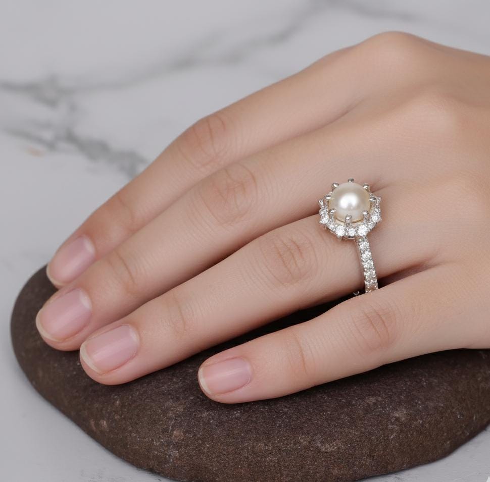 Round Pearl Halo Ring/ Art deco Silver Pearl Ring/ Wedding Pearl Ring/ Anniversary Ring / Bridal Ring /Statement Ring/ Pearl minimalist ring