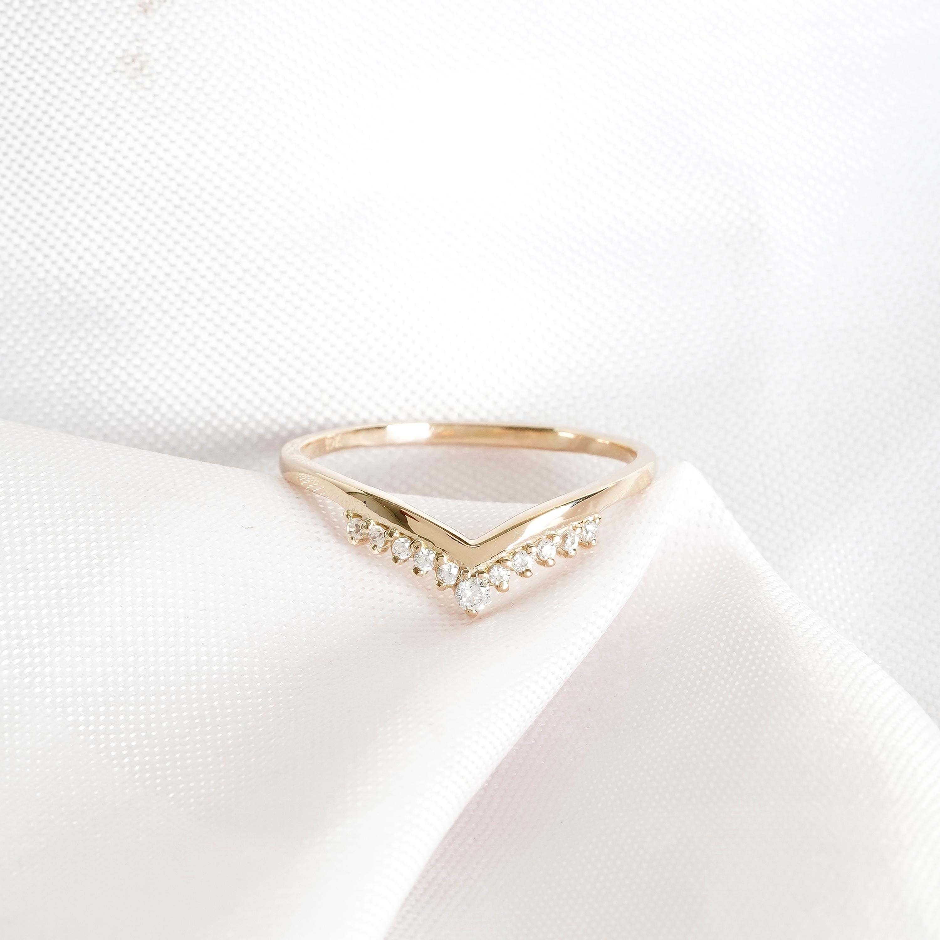 Chevron Wedding Band Moissanite Stacking Band For Women 925 Sterling Silver Bridal Anniversary Gift Minimalist Curved V Crown Dainty Band