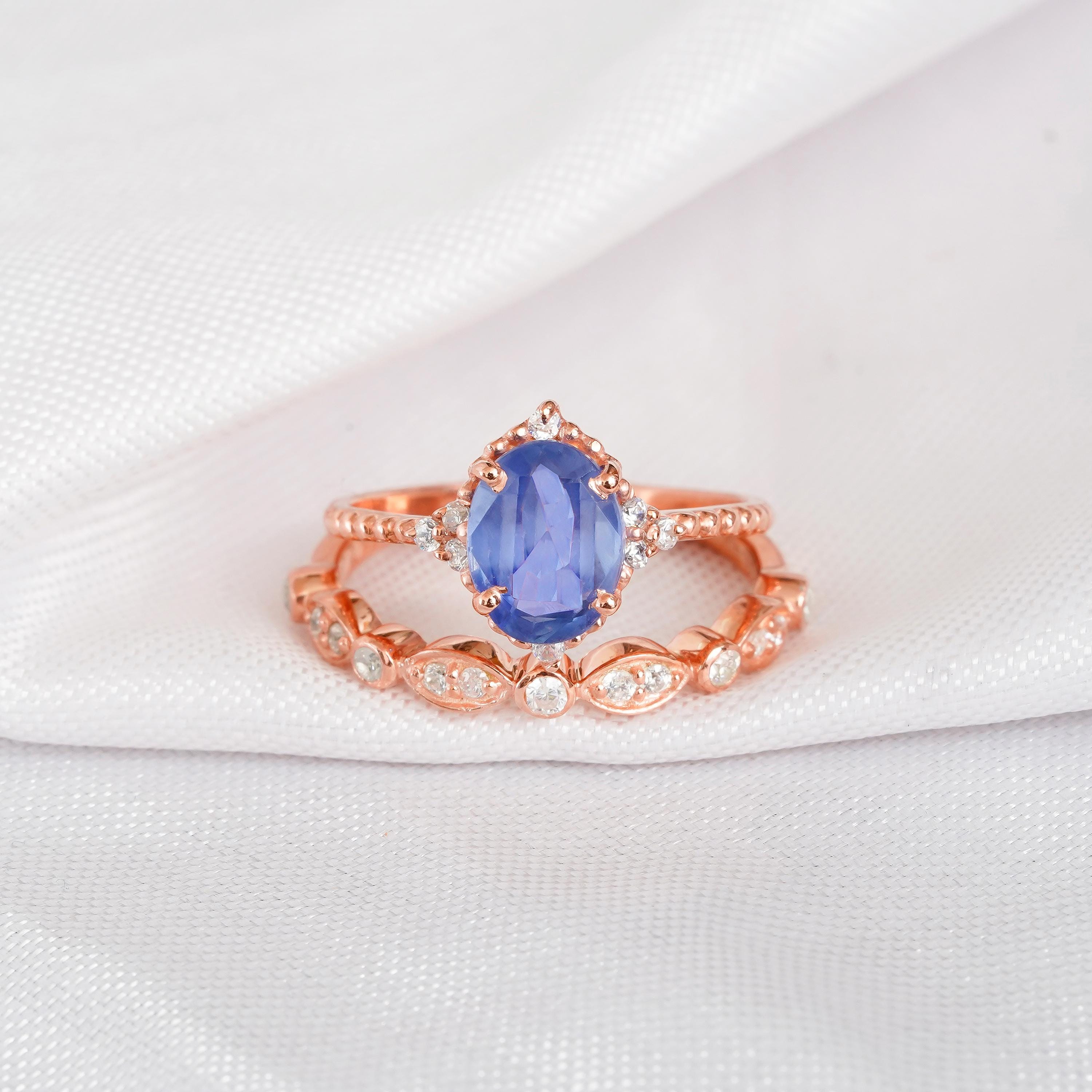 2ct Blue Sapphire Engagement Ring Set For Women With Matching Moissanite Art Deco Wedding Band Beaded Band Floral Halo Bridal Proposal Ring