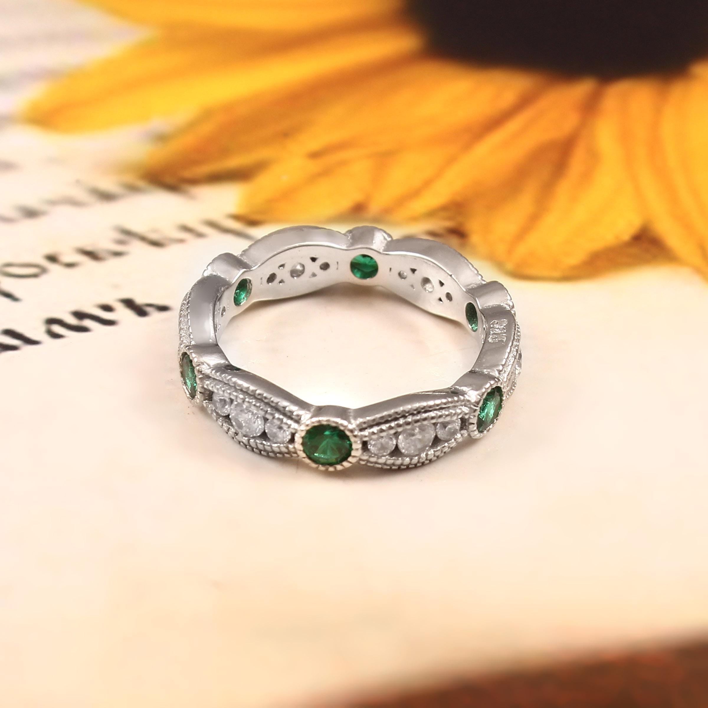 Emerald Wedding Band With Moissanite Bezel Set Art Deco Eternity Band Milgrain Stacking Dainty Silver Anniversary Gift Promise Ring For Her