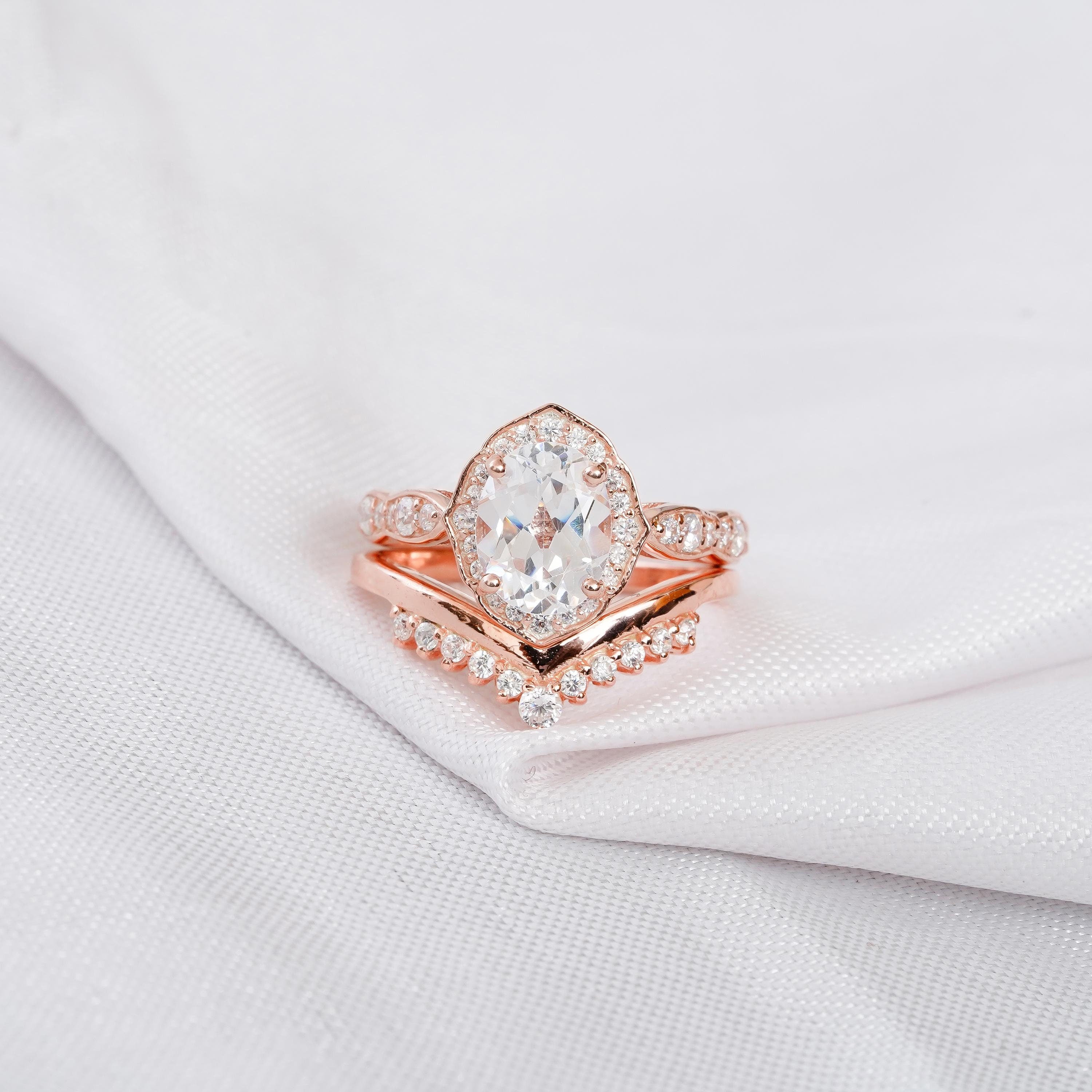 Moissanite Ring Set For Women 925 Sterling Silver Milgrain Bridal Oval 2ct Art Deco Engagement Ring Matching Moissanite Chevron Wedding Band