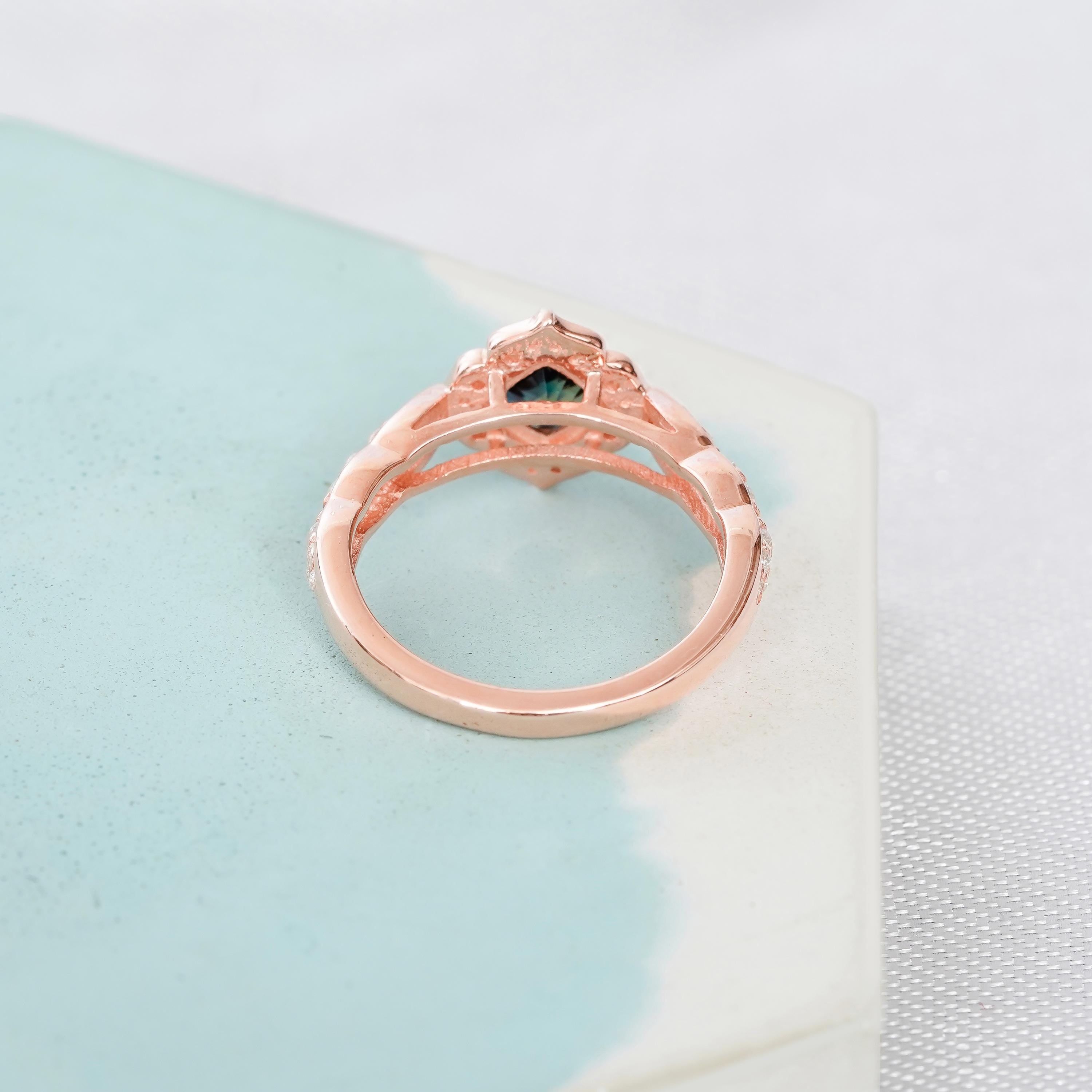 Alexandrite Engagement Ring Set Halo Matching Pink Ruby Leaf Wedding Band For Women Round Art Deco Milgrain Floral Halo Bridal Proposal Ring