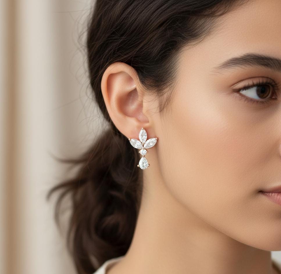 Statement Stud Earrings For Women 925 Sterling Silver Marquise Drop Pushback Minimalist Dainty Long Crown Bridal Anniversary Gift For Her