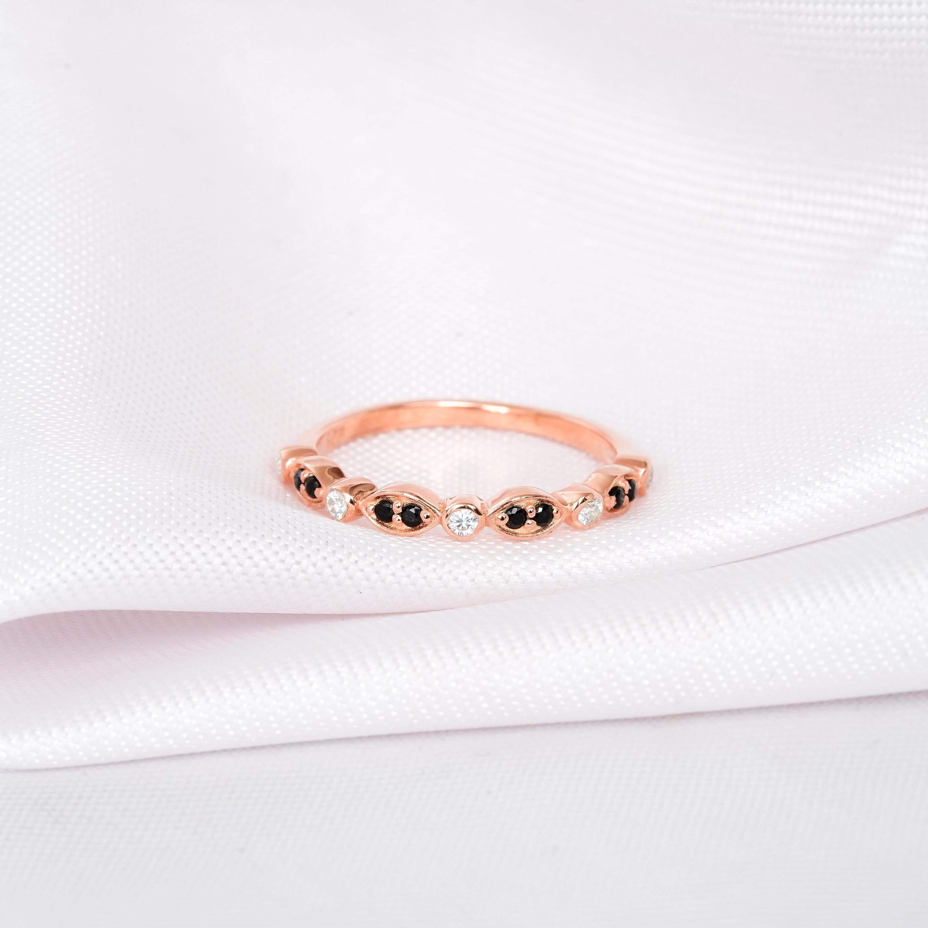 Black Onyx Wedding Band For Women 925 Sterling Silver With Moissanites Stackable Milgrain Half Eternity Matching Anniversary Dainty Band