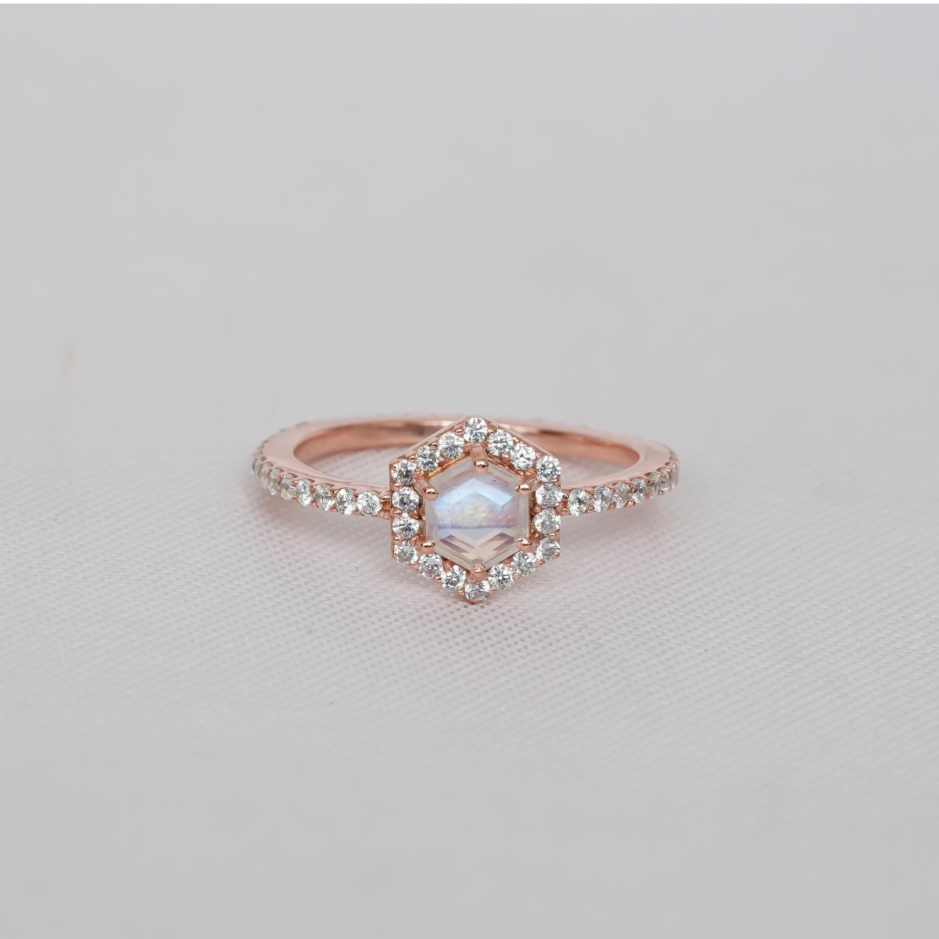 Hexagon Moonstone Ring 925 Sterling Silver Rainbow Moonstone Engagement Wedding Ring For Women Proposal Halo Vintage Prong Solitaire Ring
