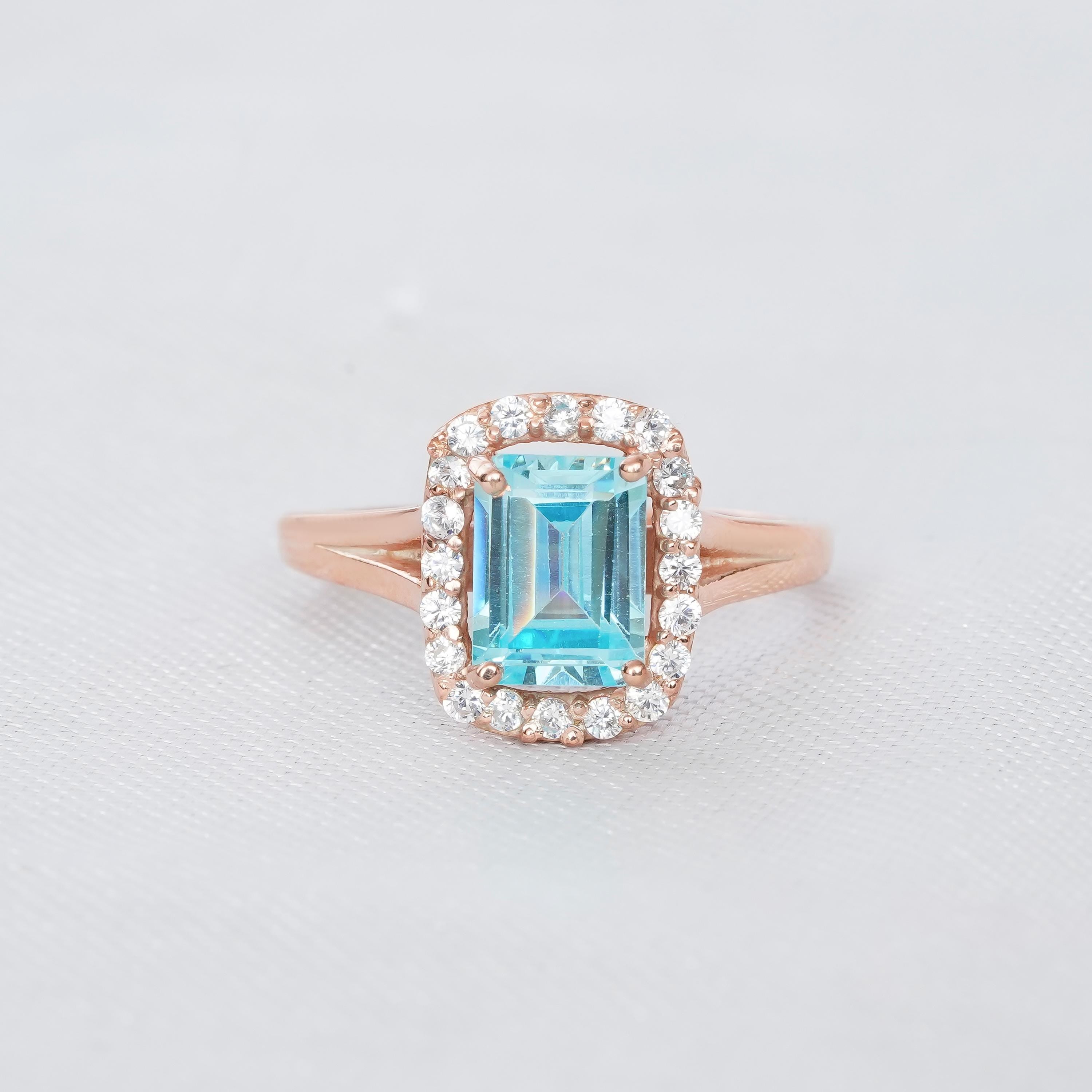 Aquamarine Engagement Ring Set For Women Matching Moissanite Crown Wedding Band 2ct Emerald Cut Split Shank Bridal Proposal Anniversary Ring