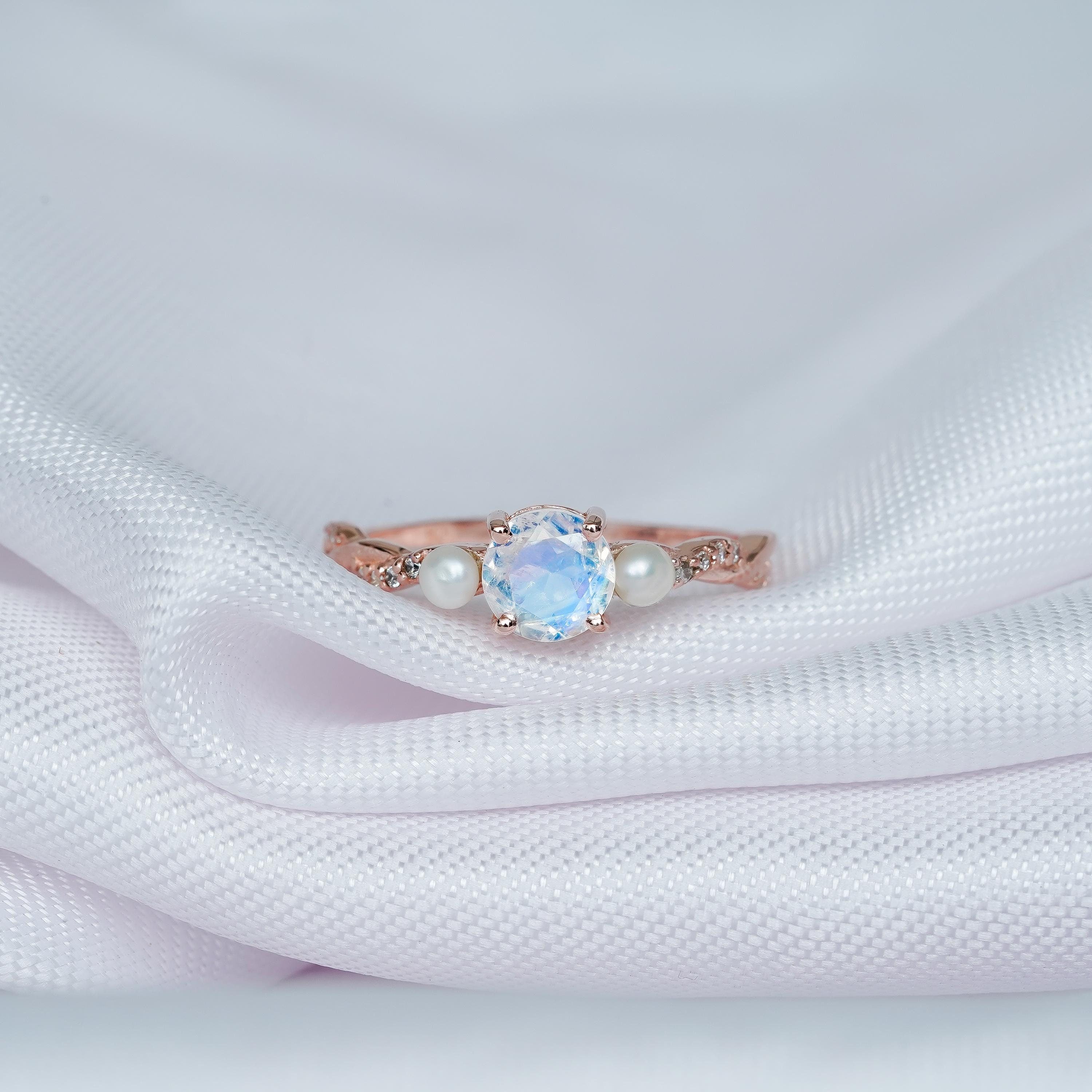 Moonstone Engagement Ring 925 Sterling Silver Round Cut with Pearls Wedding Ring For Women Proposal Minimalist Infinity Three Stone Ring