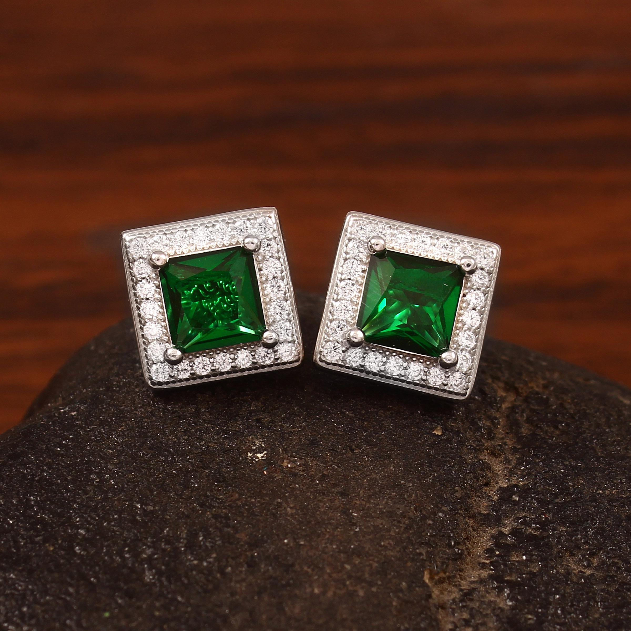 Princess Cut Emerald Stud Earrings 925 Sterling Silver Halo Art Deco Wedding Anniversary Jewelry Square Dainty Vintage Earrings For Her