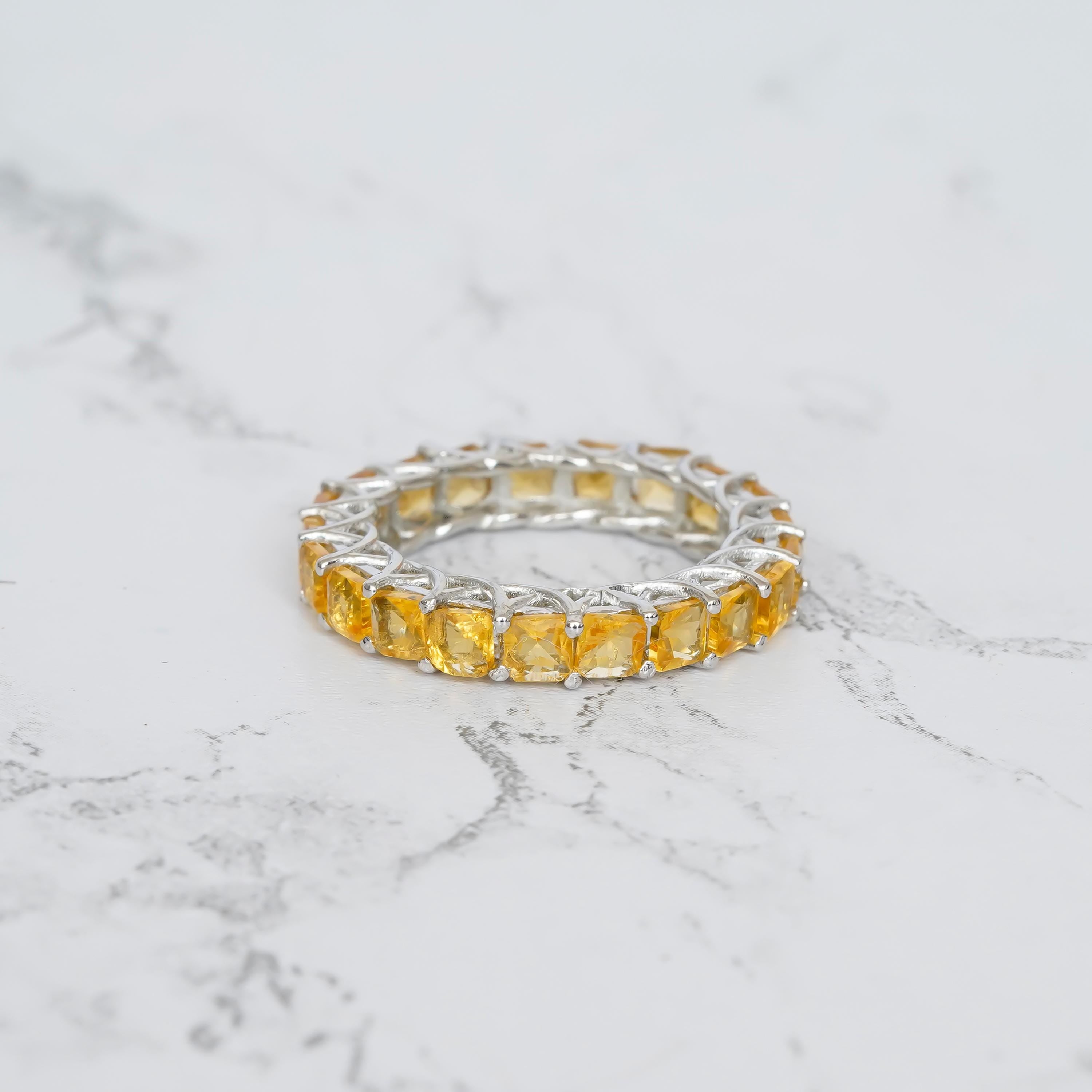 Citrine Full Eternity Band For Women 925 Sterling Silver Princess Cut Yellow Stackable Delicate Bridal Matching Anniversary Gift Dainty Ring