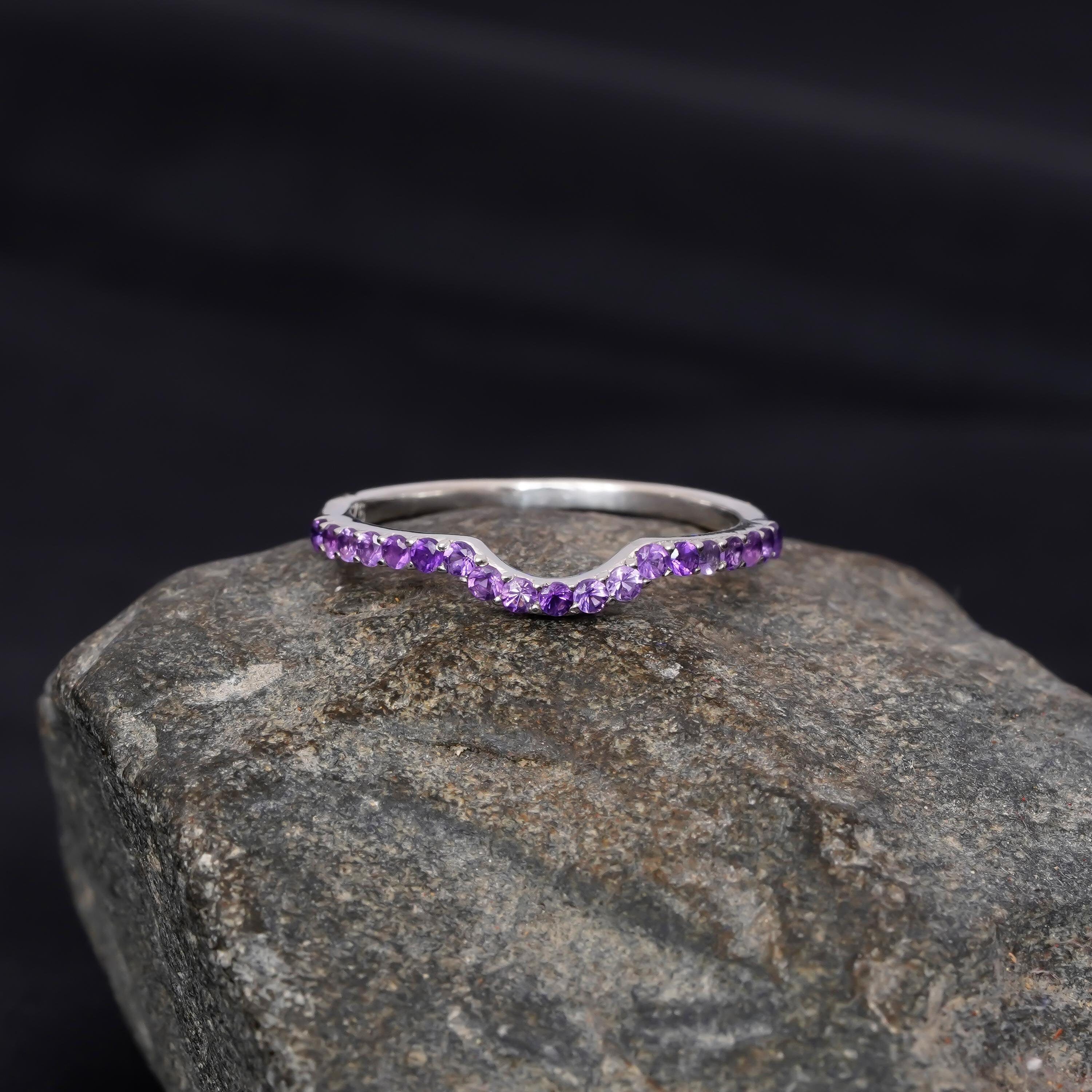 Amethyst Wedding Band For Women 925 Sterling Silver Curved Stackable Round Purple Amethyst Bridal Matching Anniversary Gift U Dainty Band