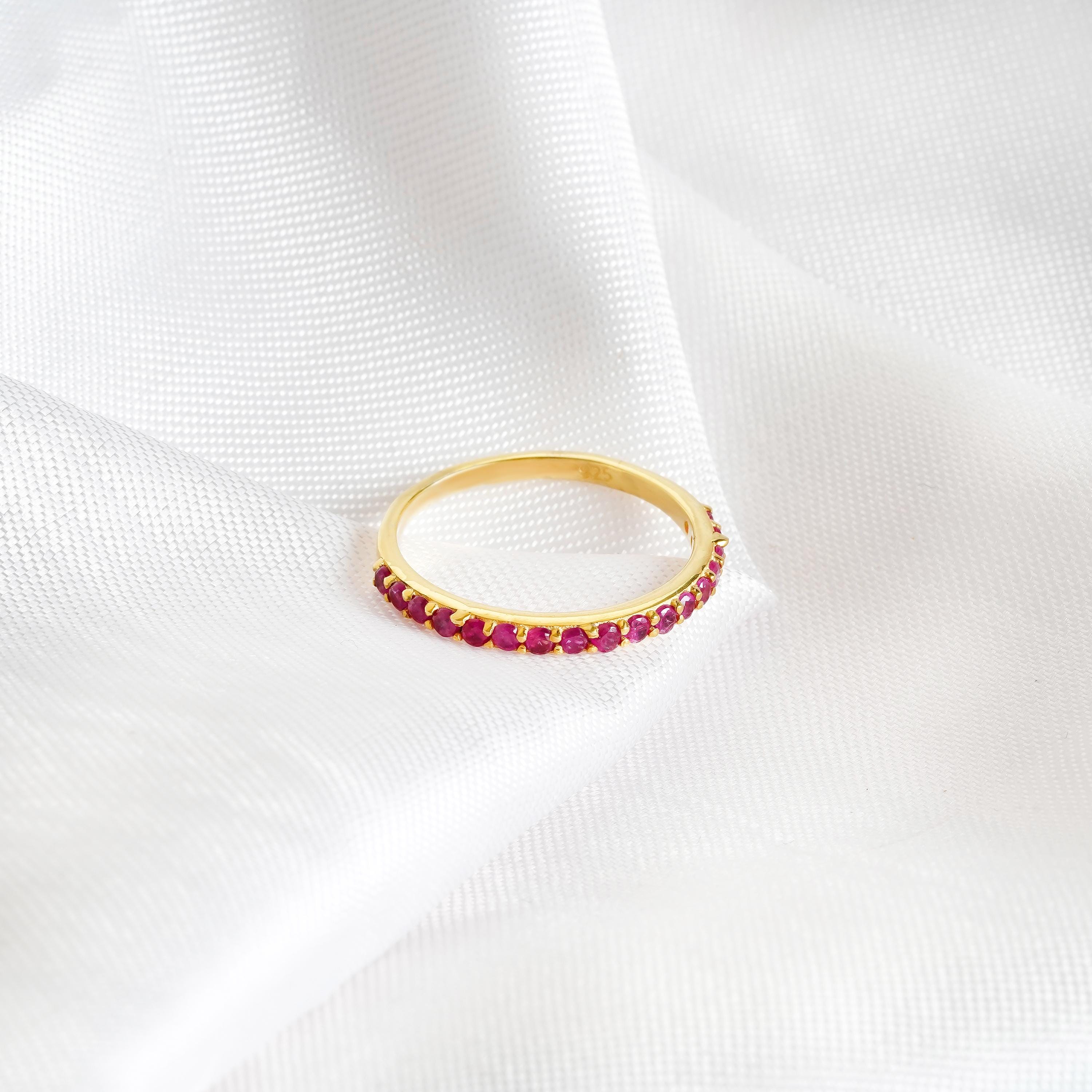 Ruby Half Eternity Band For Women 925 Sterling Silver Stackable Pink Wedding Bridal Anniversary Gift Delicate Minimalist Pave Dainty Band