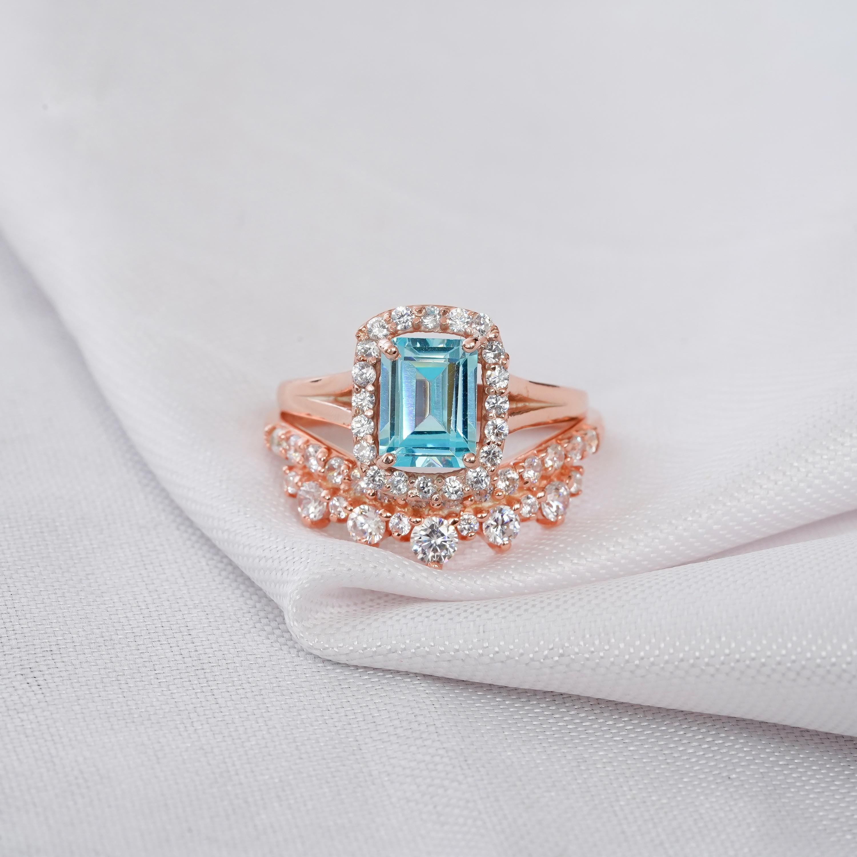 Aquamarine Engagement Ring Set For Women Matching Moissanite Crown Wedding Band 2ct Emerald Cut Split Shank Bridal Proposal Anniversary Ring