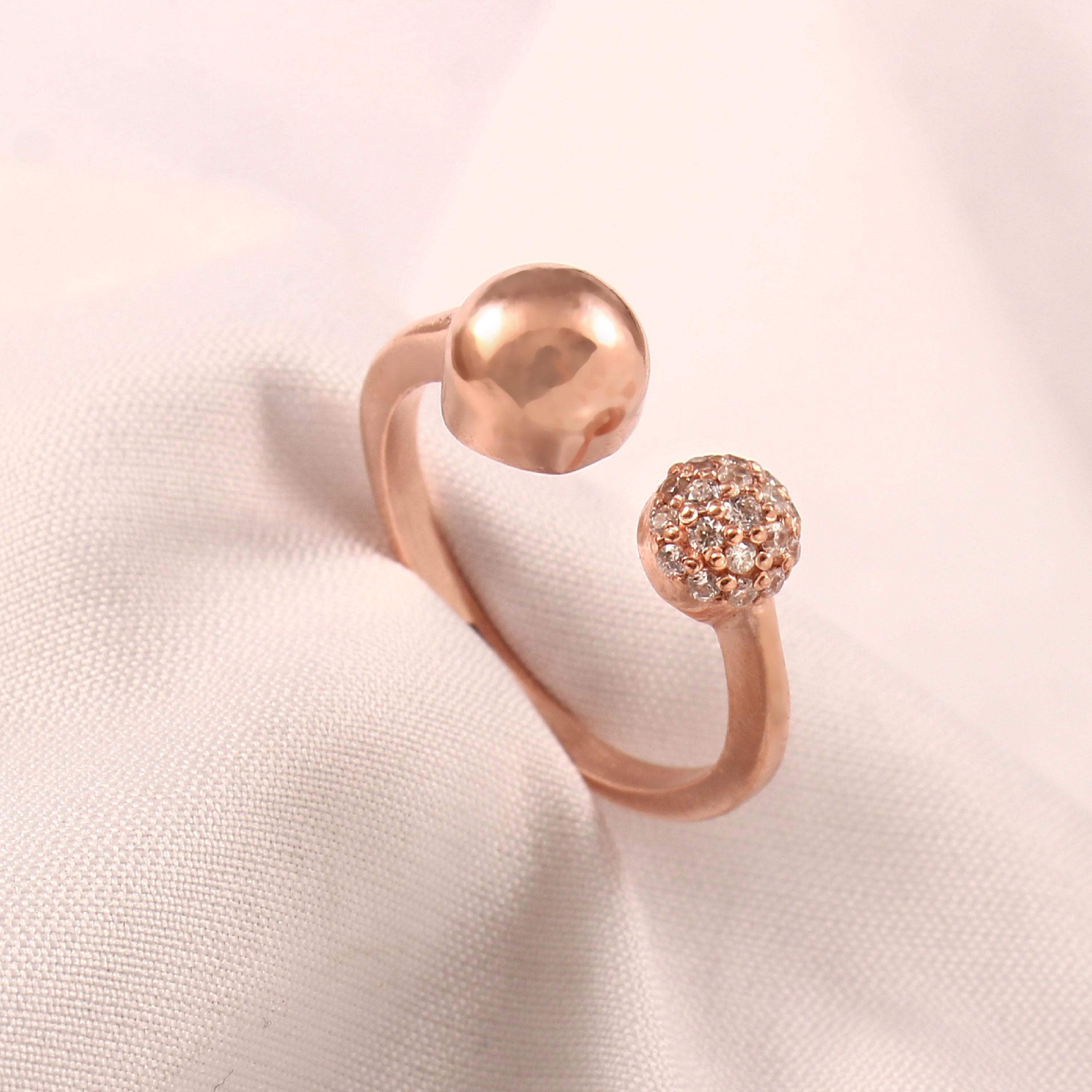 Rose Gold Open Ring for Women | Adjustable Ball & Pave Diamonds Statement Ring | Dainty Minimalist Jewelry Gift | Modern Elegant Design