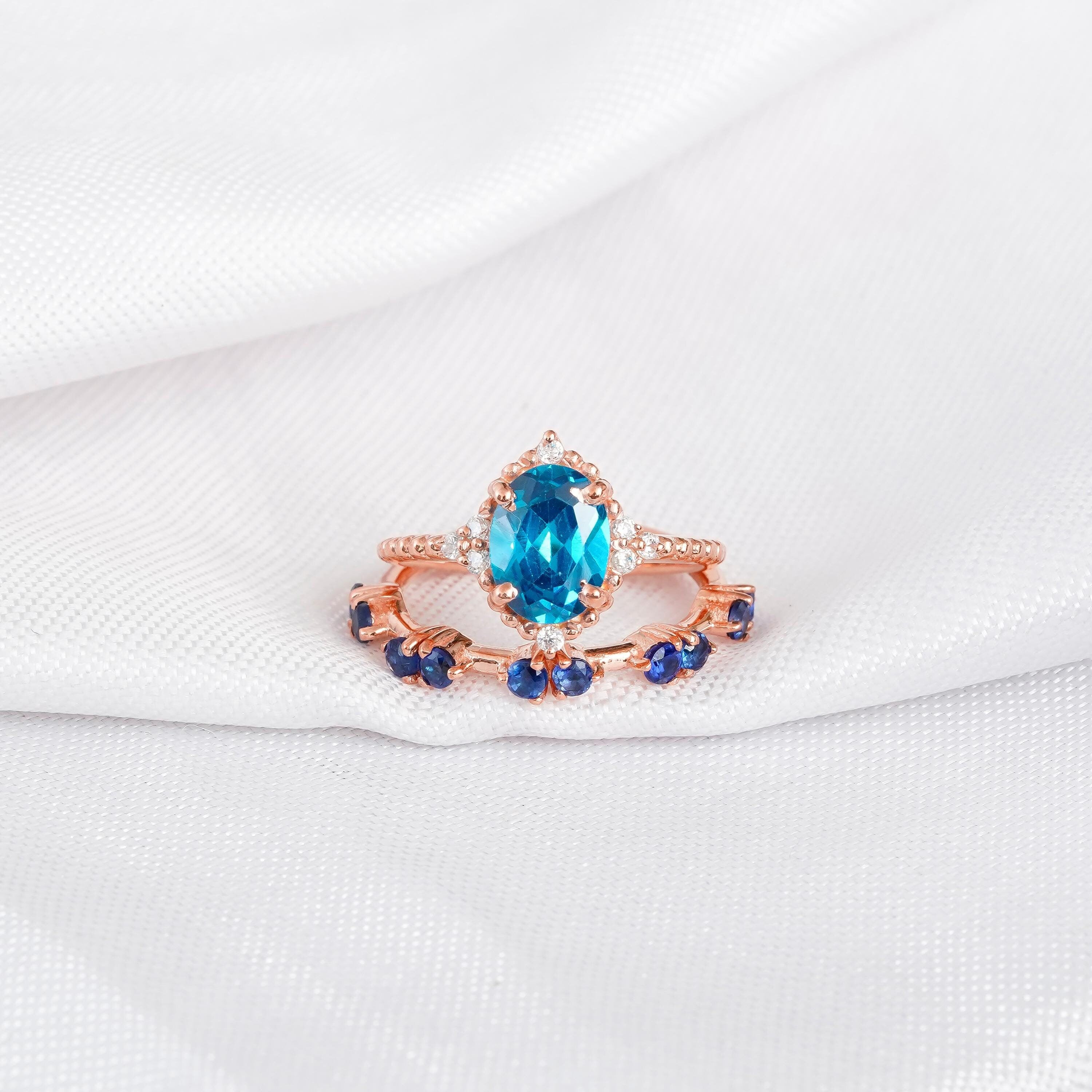 London Blue Topaz Engagement Ring Set For Women Matching Blue Sapphire Dainty Wedding Band 925 Sterling Silver Halo Beaded Band Bridal Ring