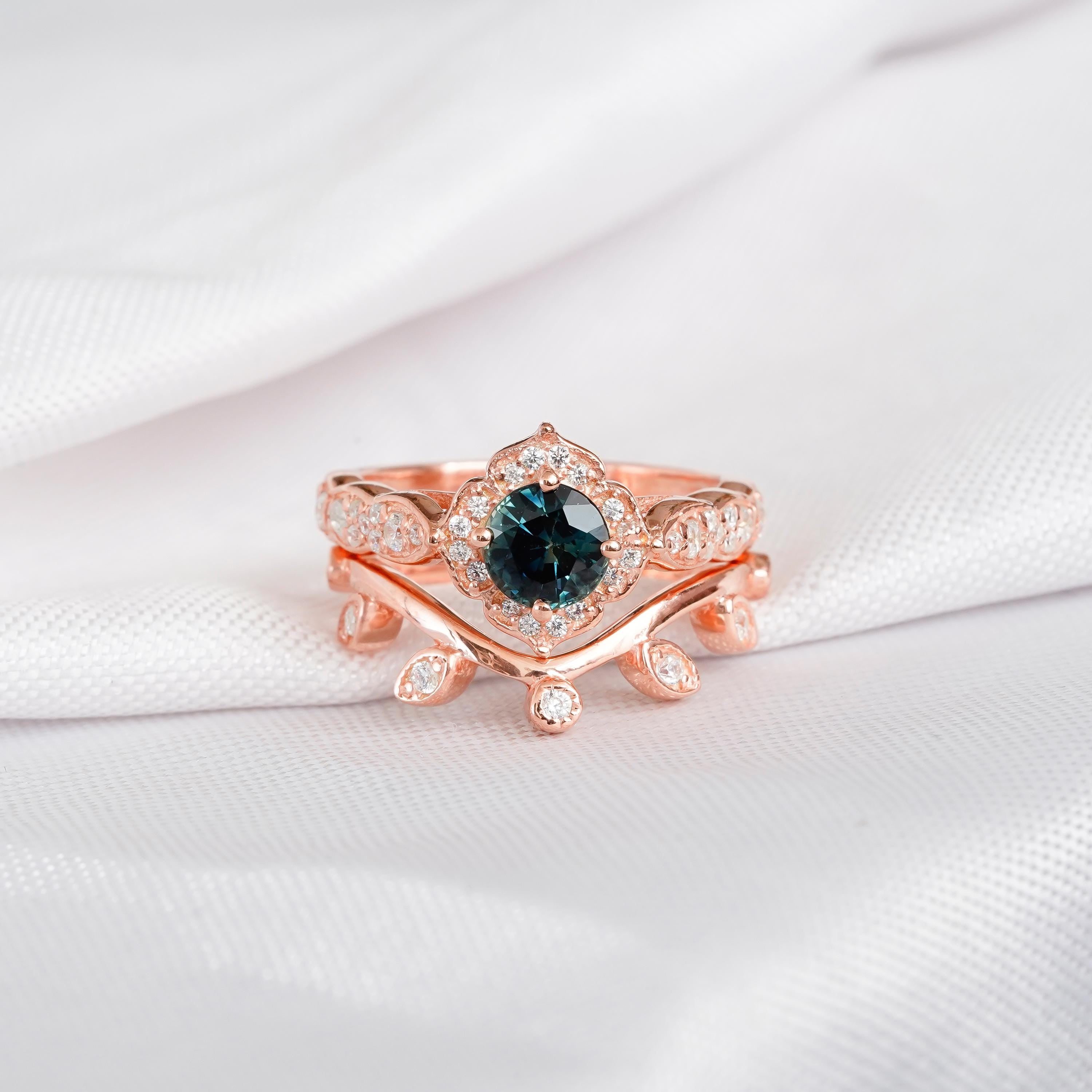 Alexandrite Engagement Ring Set Halo Matching Moissanite Leaf Wedding Band For Women Round ArtDeco Milgrain Floral Halo Bridal Proposal Ring