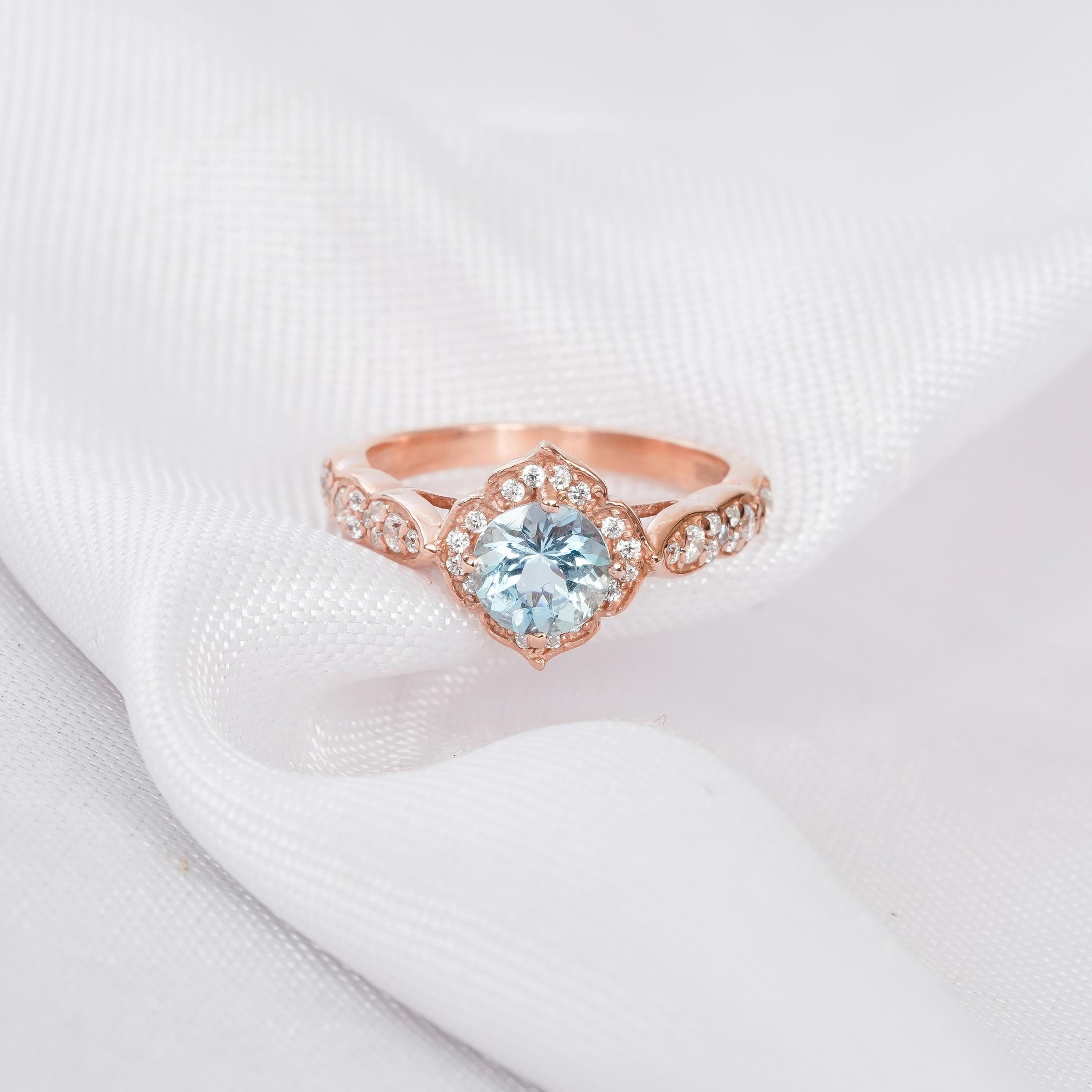 Aquamarine Ring For Women 925 Sterling Silver Round Aquamarine Engagement Wedding Ring Proposal Flower Halo Vintage Milgrain Solitaire Ring