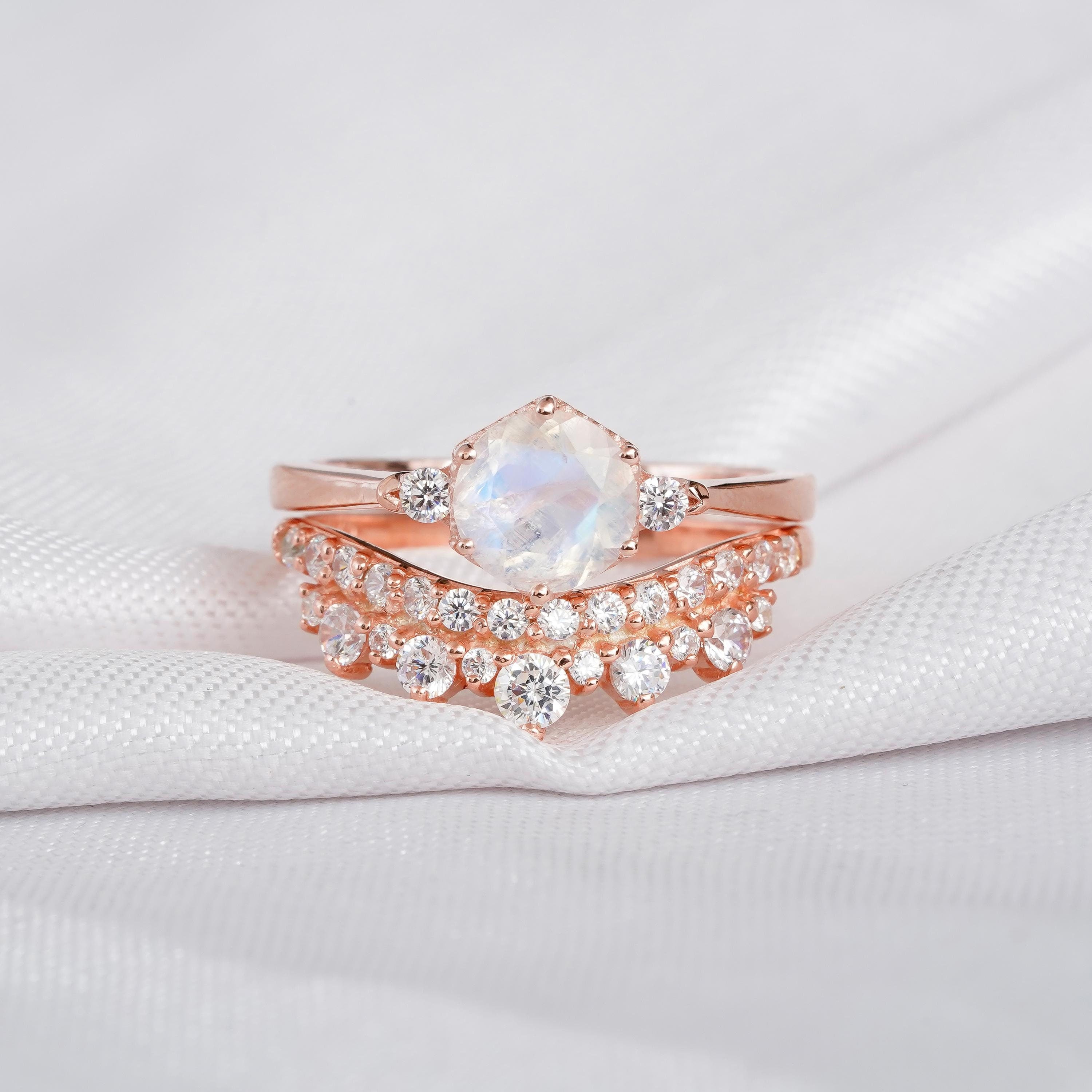 Moonstone Ring Set For Women Matching Moissanite Crown Wedding Band Hexagon Halo Vintage 6 Prong Eternity Engagement Bridal Proposal Ring