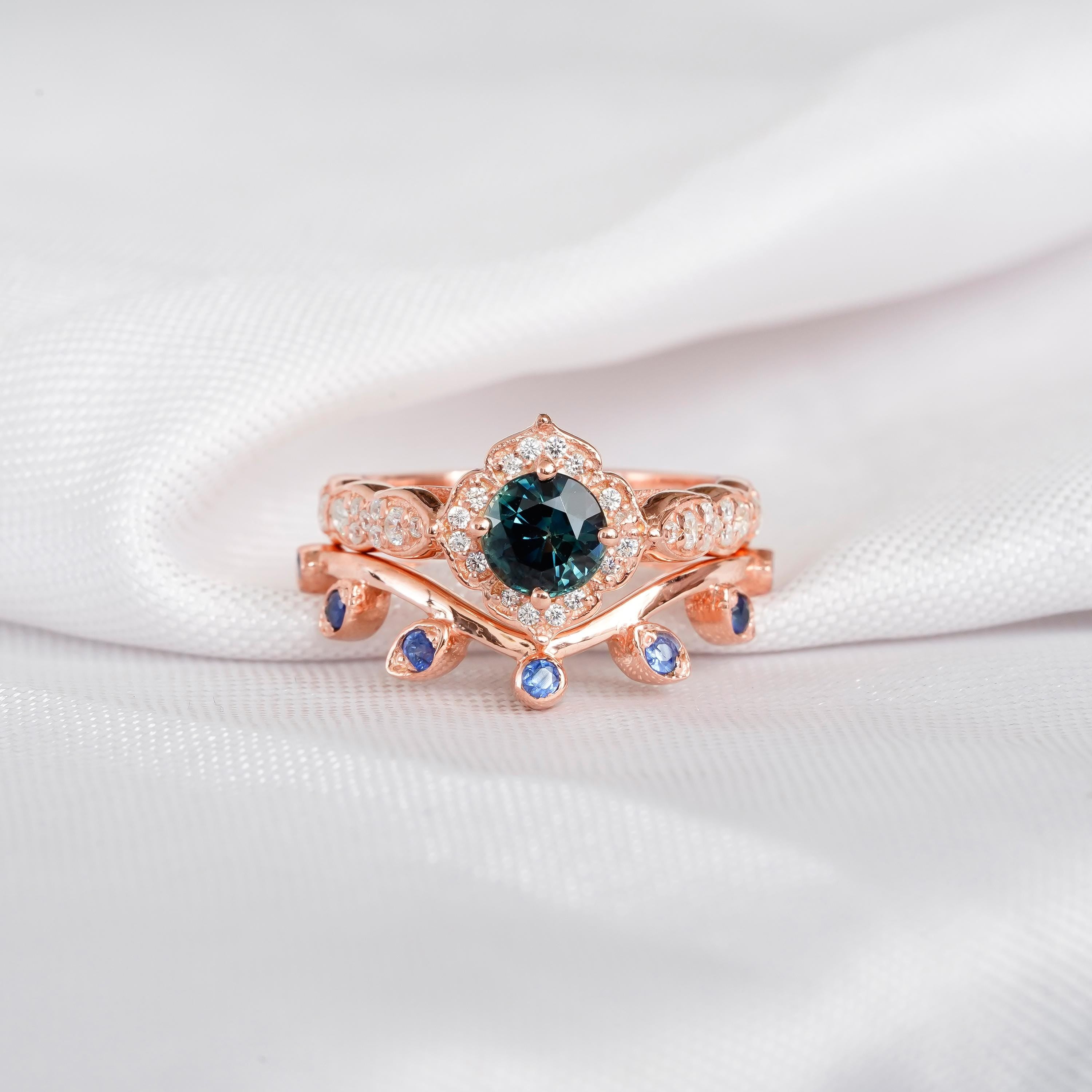 Alexandrite Engagement Ring Set Halo Matching Blue Sapphire Wedding Band For Women Round Art Deco Milgrain Floral Halo Bridal Proposal Ring