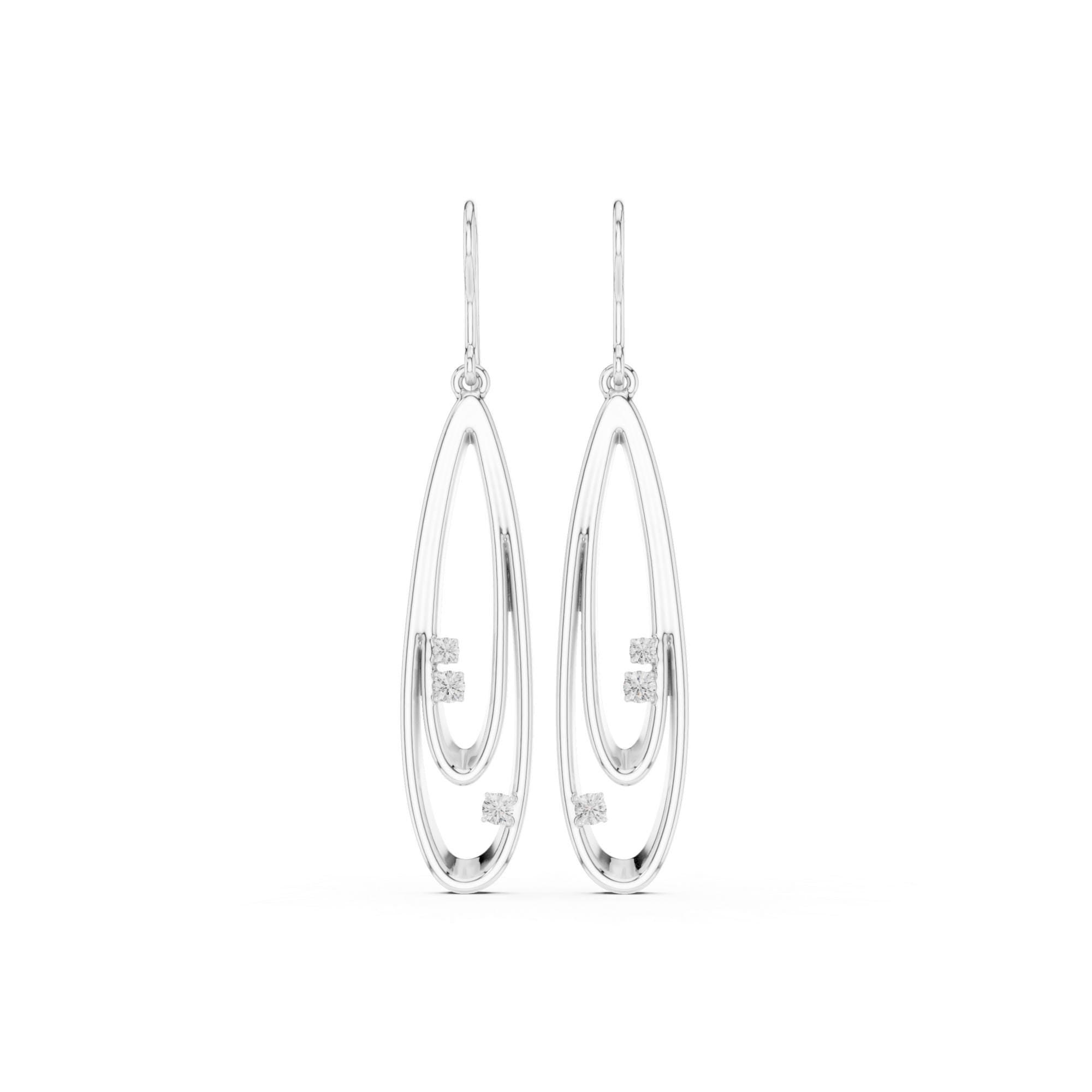 Silver Dangle Earrings For Women 925 Sterling Silver Hook Closure Minimalist Dainty Oval Shape Pave Set Long Bridal Anniversary Gift For Her