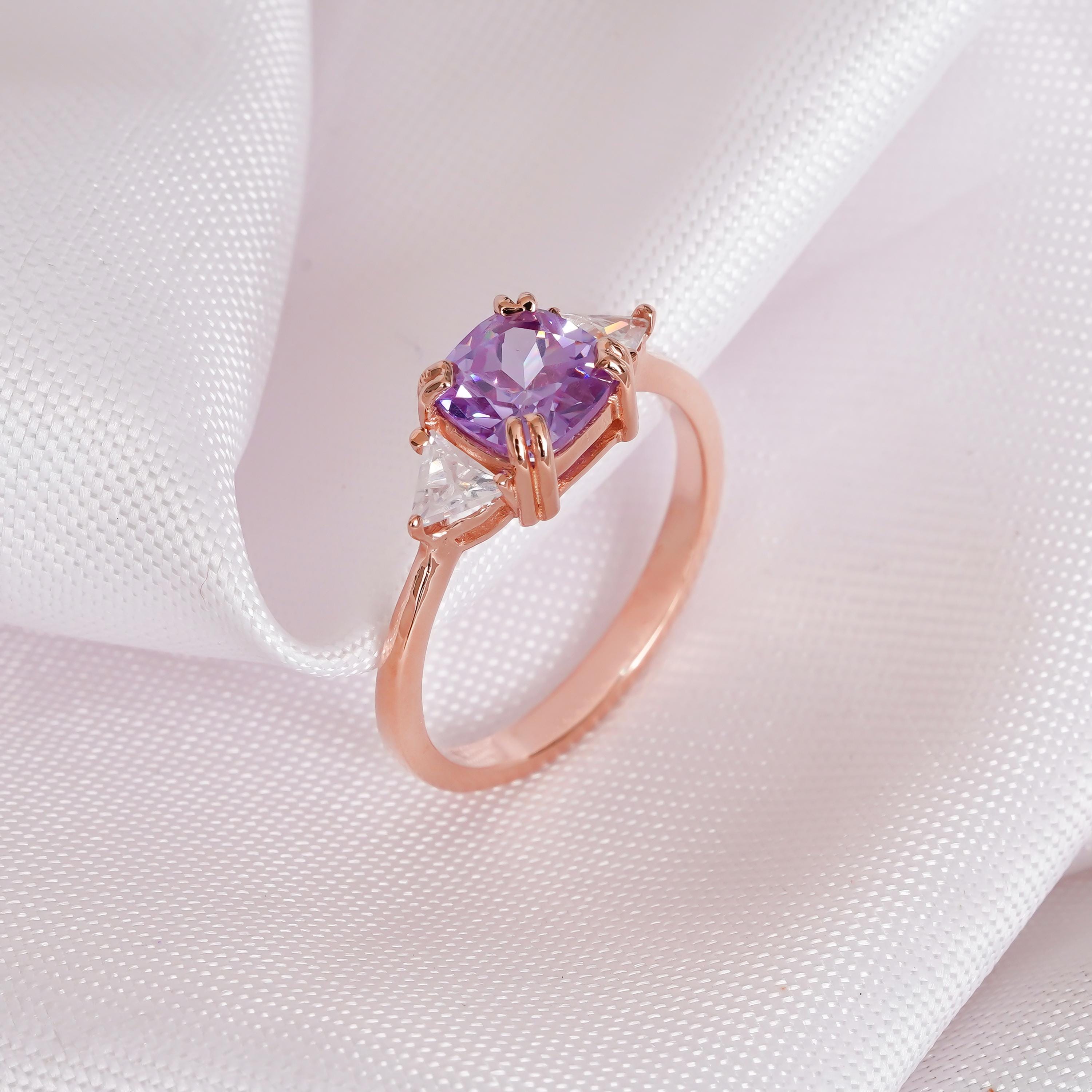 Cushion Amethyst Engagement Ring 925 Sterling Silver with Trillion Cut Moissanites Wedding Ring For Women Proposal Minimalist Prong Set Ring