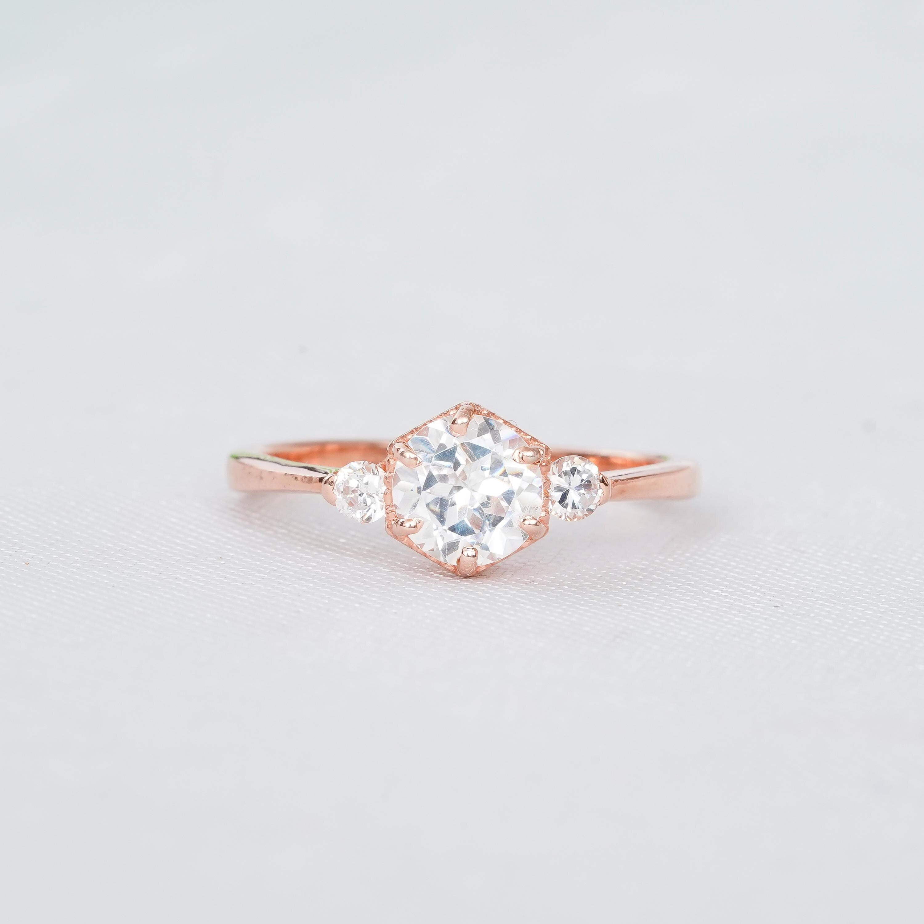 Moissanite Ring For Women 925 Sterling Silver Round Moissanite Wedding Engagement Ring  Proposal Hexagon Halo Vintage 6 Prong Solitaire Ring