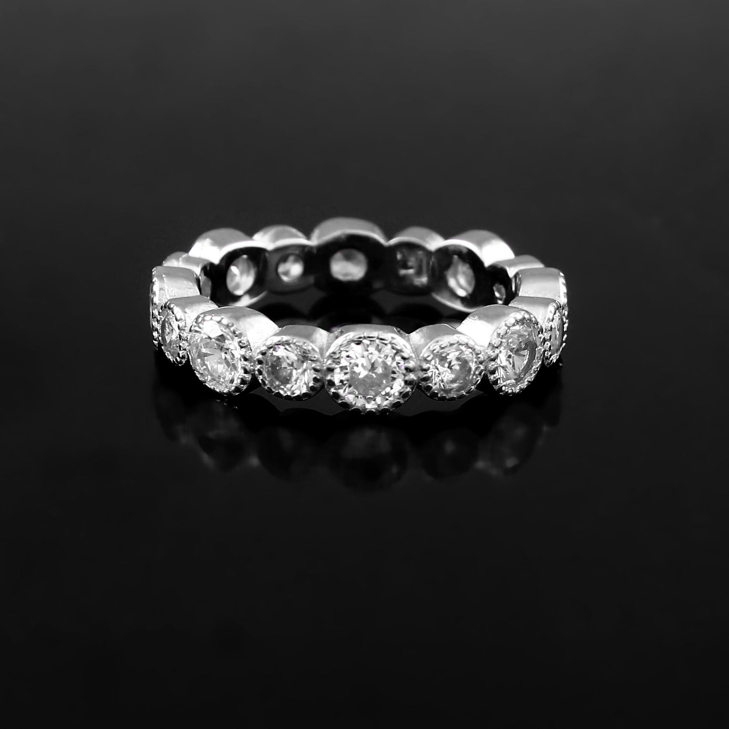 Moissanite Wedding Band Milgrain Bezel Set Art Deco Full Eternity Stacking Dainty Silver Proposal Ring Anniversary Gift Promise Ring For Her