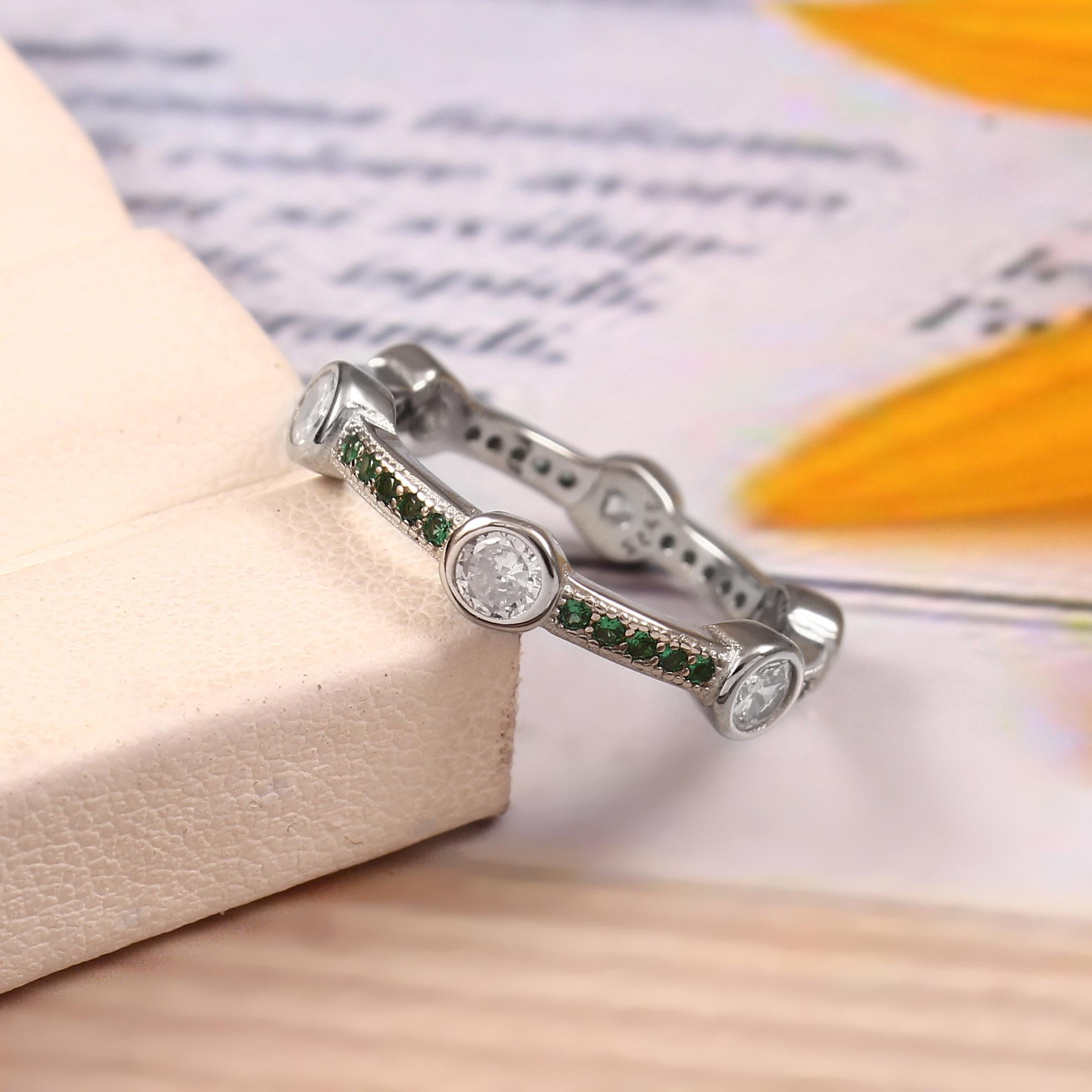 Moissanite Wedding Band With Emerald Bezel Set Art Deco Eternity Band Bubble Stacking Dainty Silver Anniversary Gift Promise Ring For Her