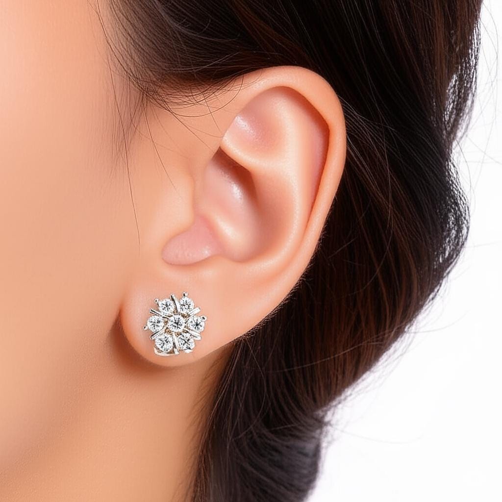 Diamond Flower Stud Earrings, Snowflake Earrings for Women, Sterling Silver Moissanite Studs, Dainty Floral Cluster Studs, Anniversary Gift
