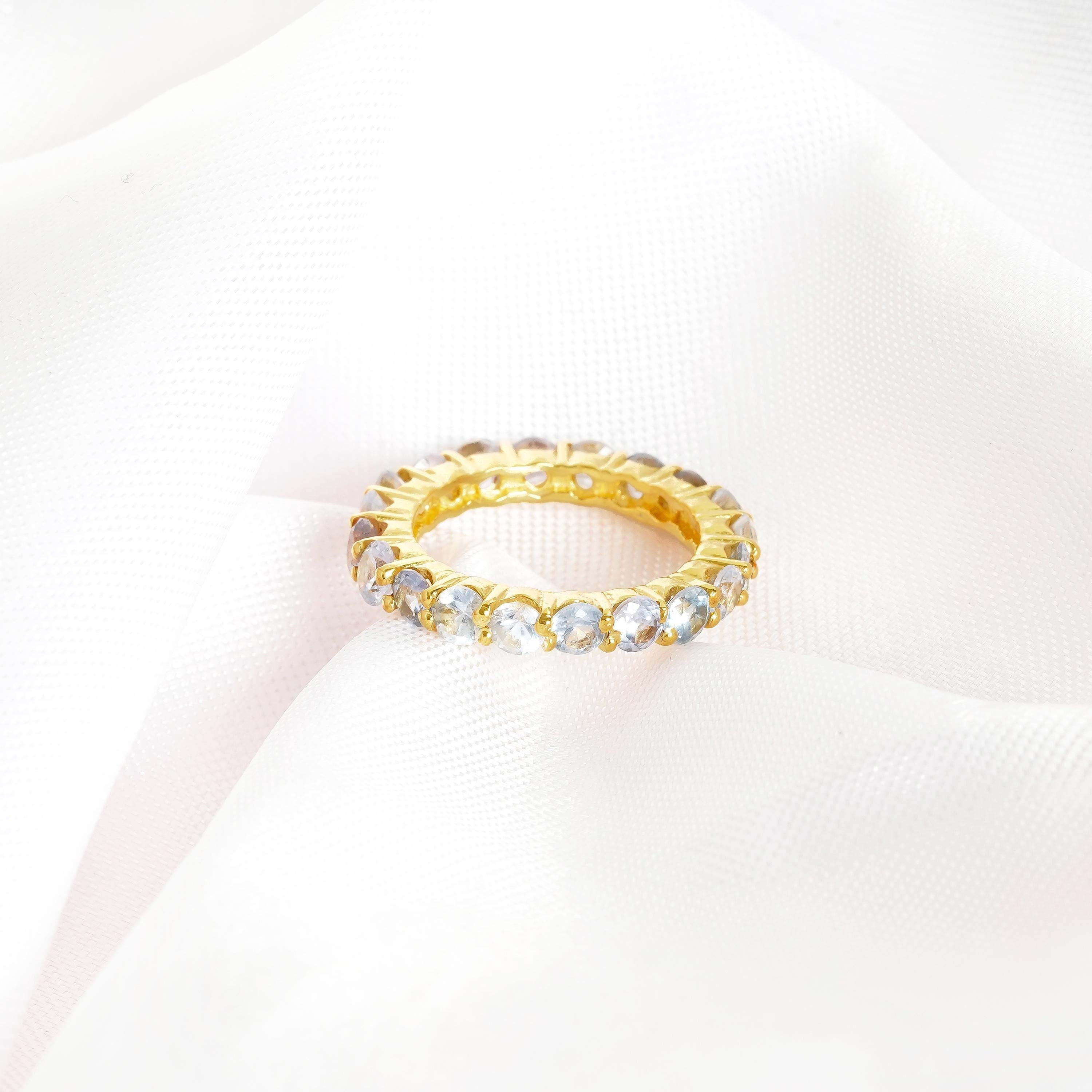 Aquamarine Full Eternity Band For Women 925 Sterling Silver Stackable Round Blue Aquamarine Bridal Matching Anniversary Gift Dainty Band