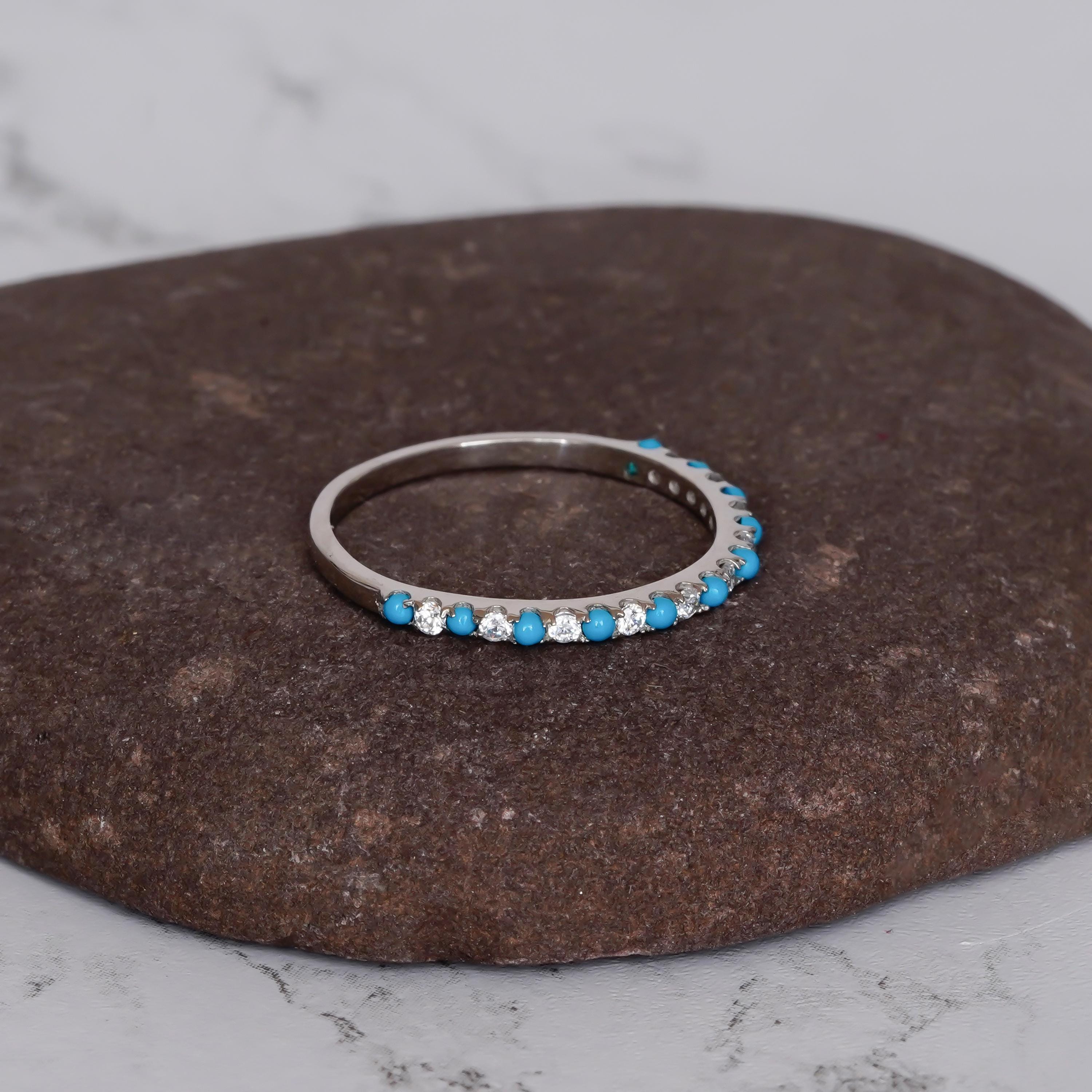 Turquoise Eternity Band For Women 925 Sterling Silver Moissanite Stackable Delicate Half Eternity Bridal Matching Anniversary Gift Dainty