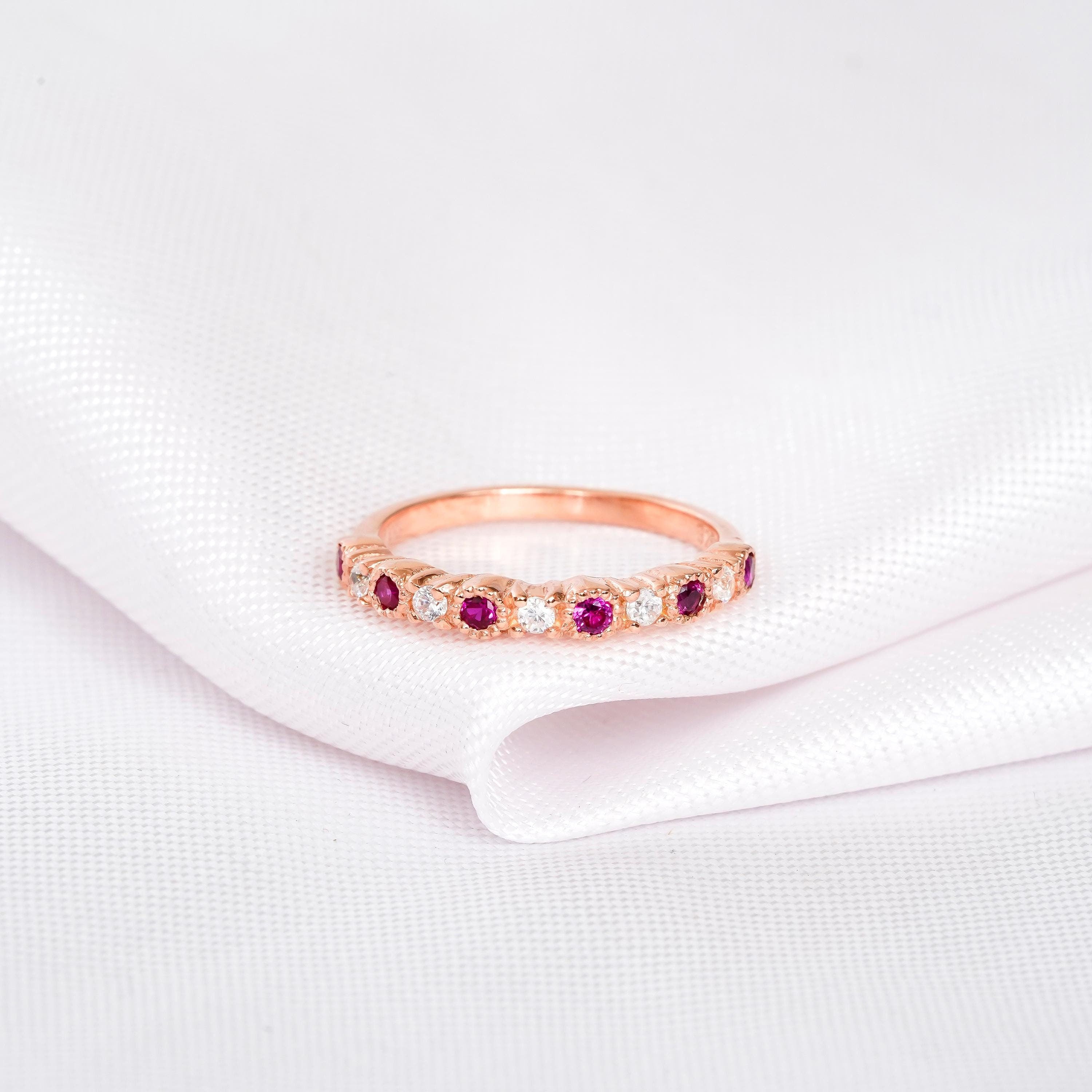 Ruby Wedding Band For Women 925 Sterling Silver With Moissanites Pink Stackable Milgrain Half Eternity Matching Anniversary Dainty Ring Band