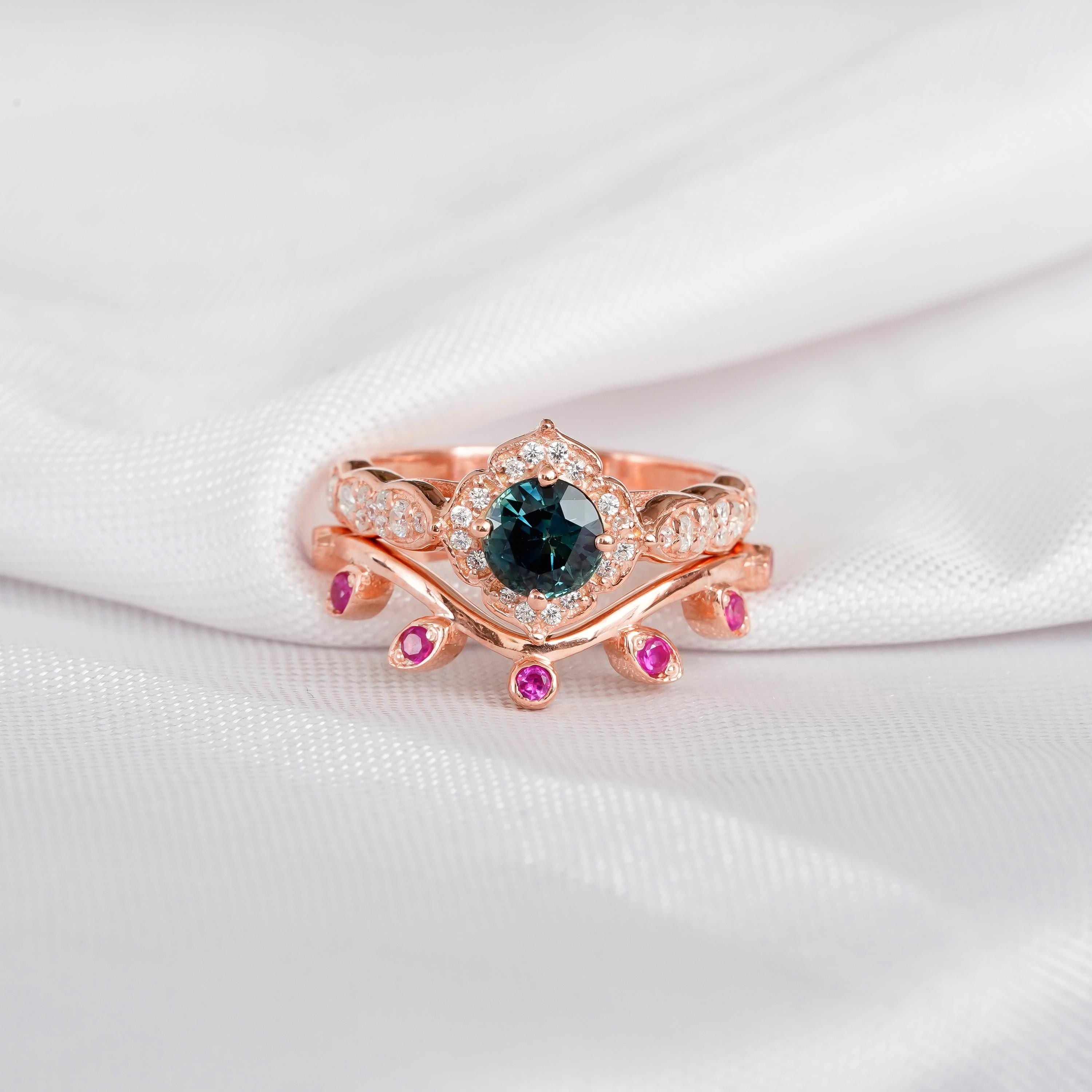 Alexandrite Engagement Ring Set Halo Matching Pink Ruby Leaf Wedding Band For Women Round Art Deco Milgrain Floral Halo Bridal Proposal Ring