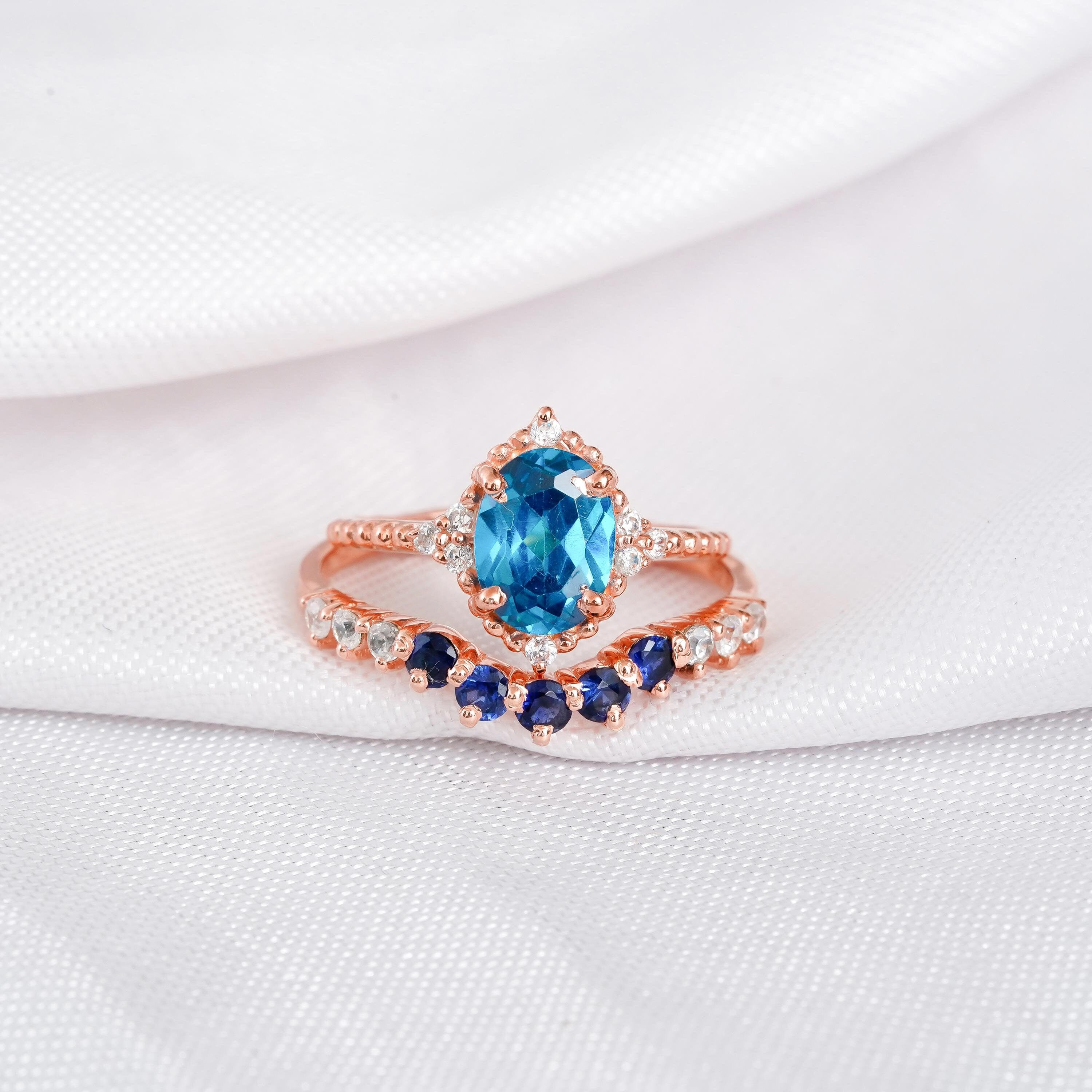 London Blue Topaz Engagement Ring Set For Women Matching Blue Sapphire Chevron Wedding Band 925 Sterling Silver Halo Beaded Band Bridal Ring