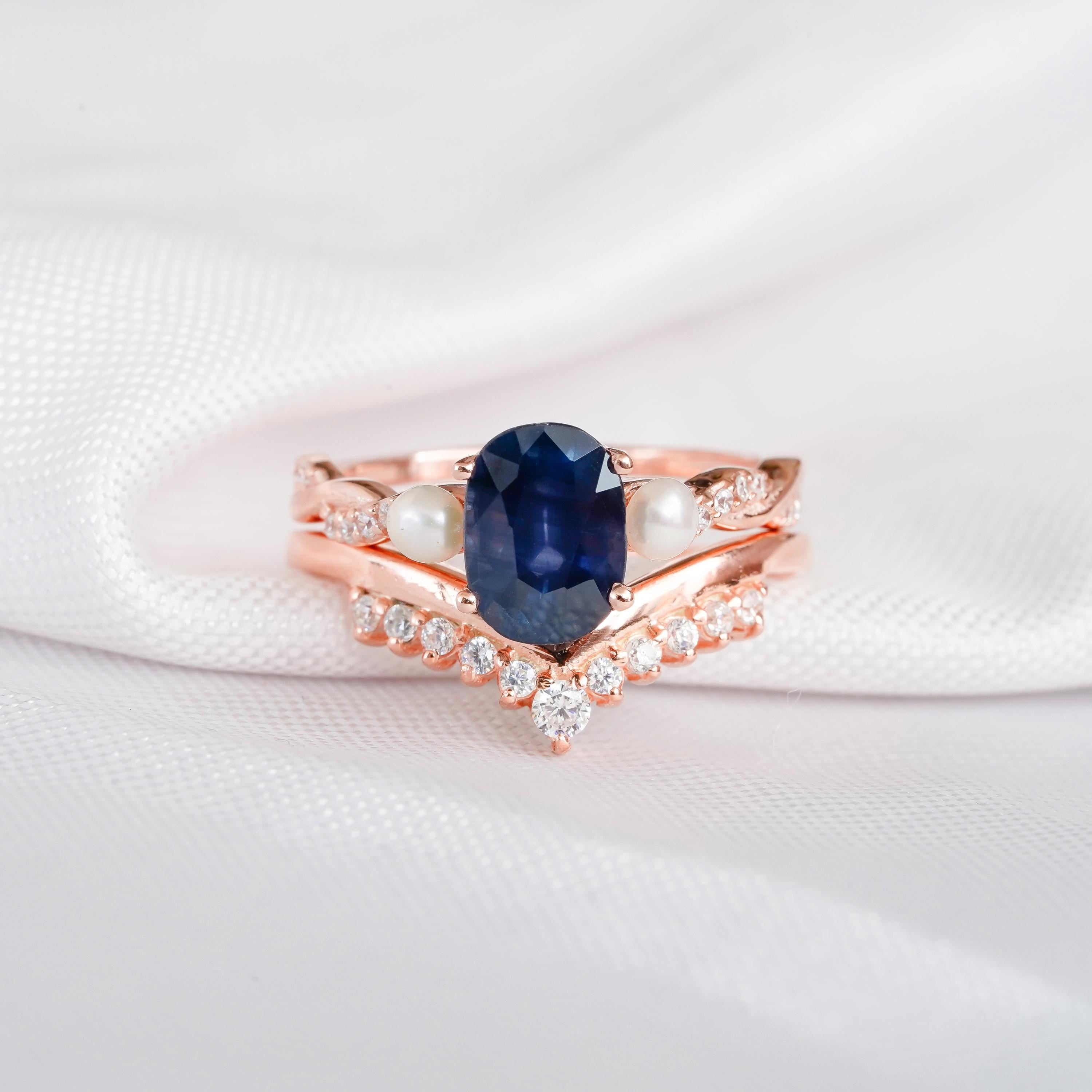 Blue Sapphire Engagement Ring Set Matching Moissanite Chevron Wedding Band For Women ArtDeco Pearl Accent Infinity Halo Bridal Proposal Ring