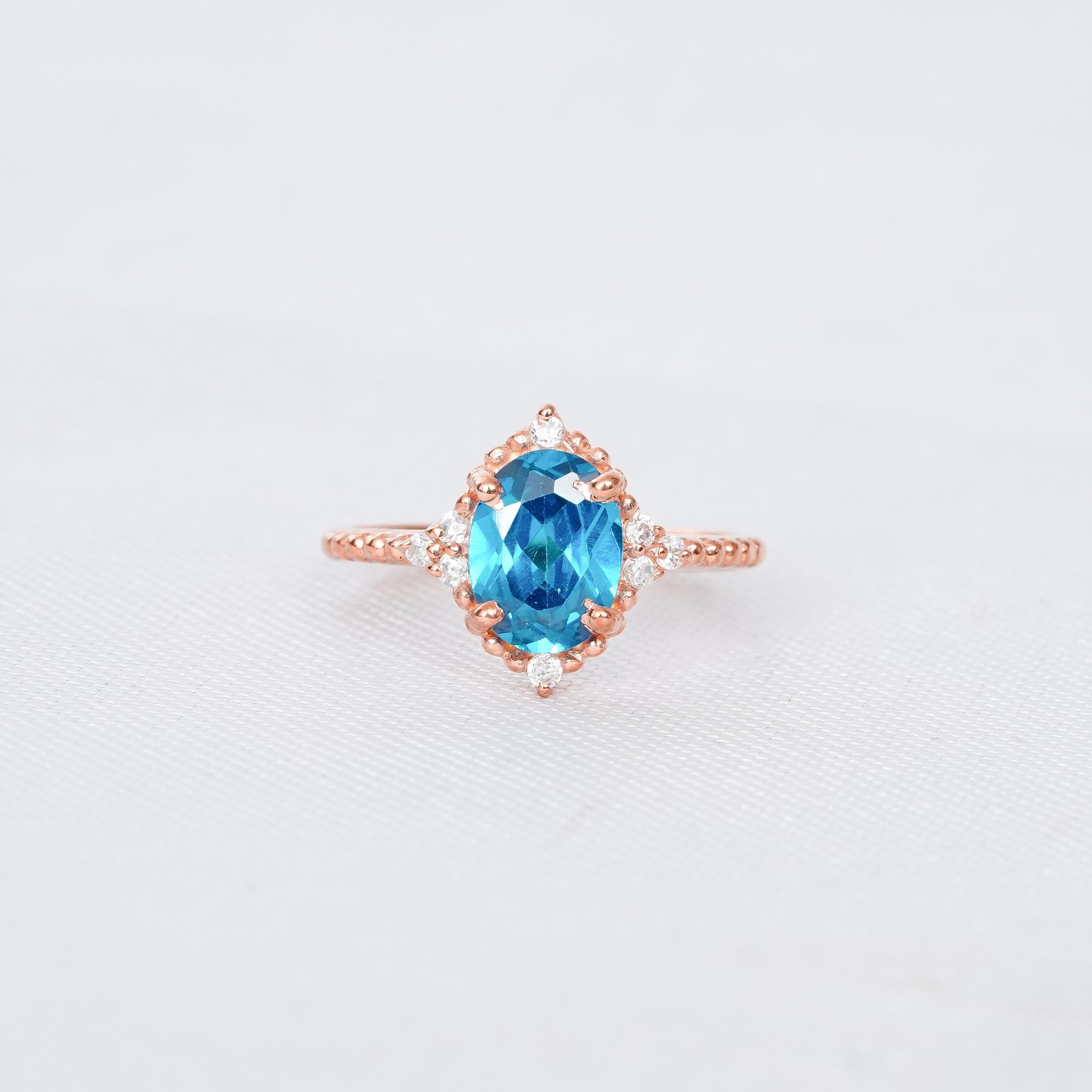 London Blue Topaz Ring Set For Women Matching Moissanite Art Deco Wedding Band 925 Sterling Silver Halo Beaded Band Engagement Bridal Ring