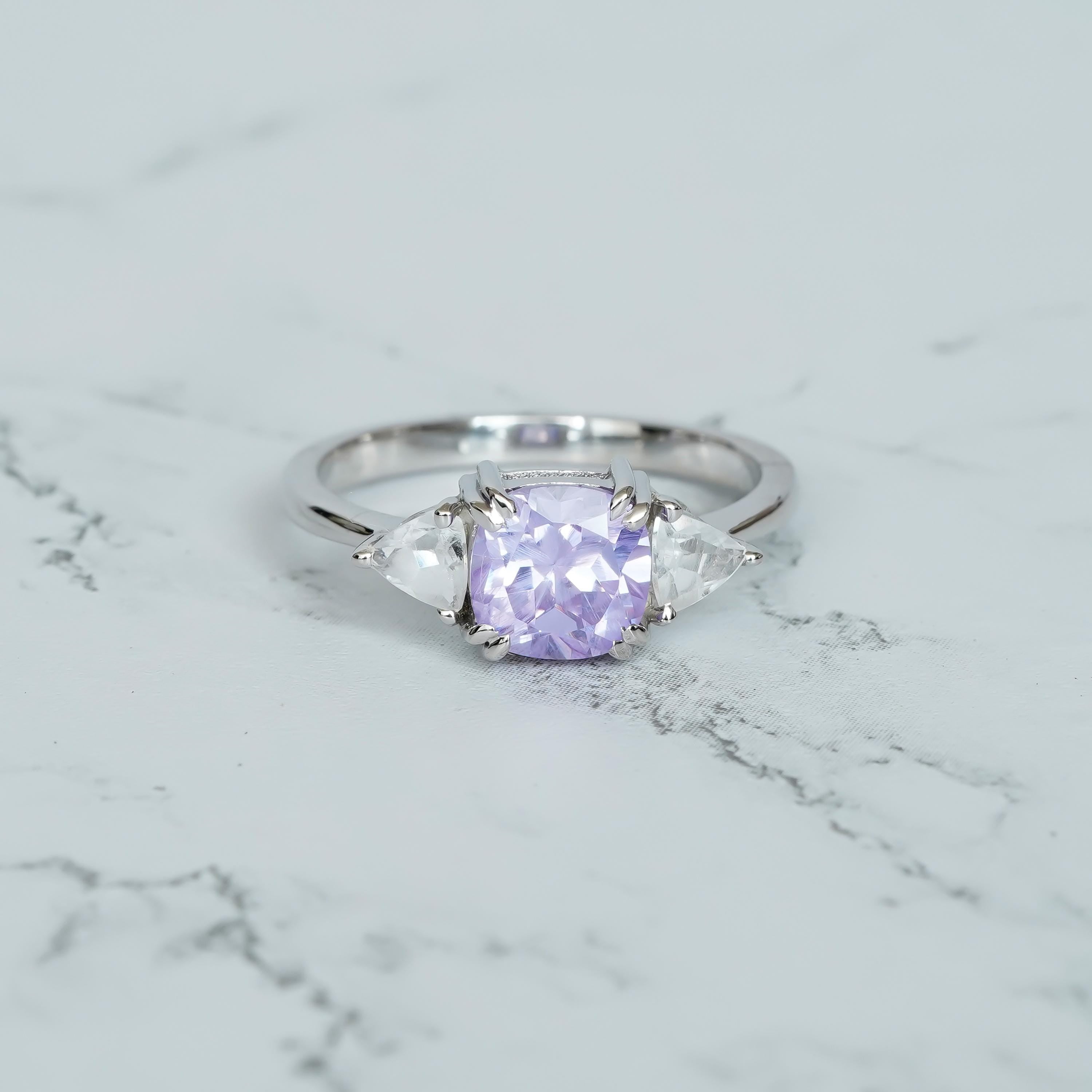 Cushion Amethyst Engagement Ring 925 Sterling Silver with Trillion Cut Moissanites Wedding Ring For Women Proposal Minimalist Prong Set Ring
