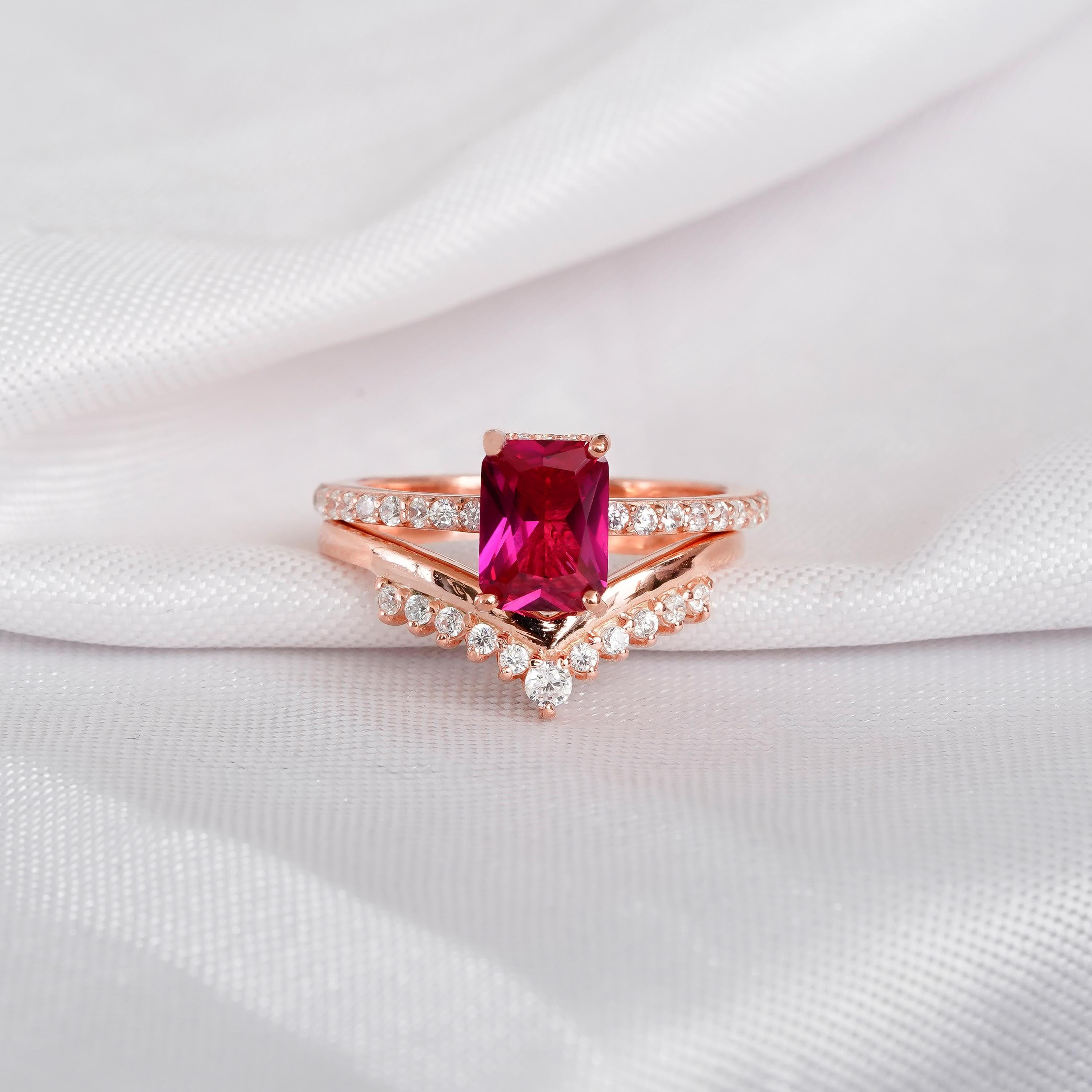 Ruby Ring Set Matching Ruby Chevron Wedding Band For Women Radiant Cut Art Deco Solitaire Hidden Halo Engagement Prong Bridal Promise Ring