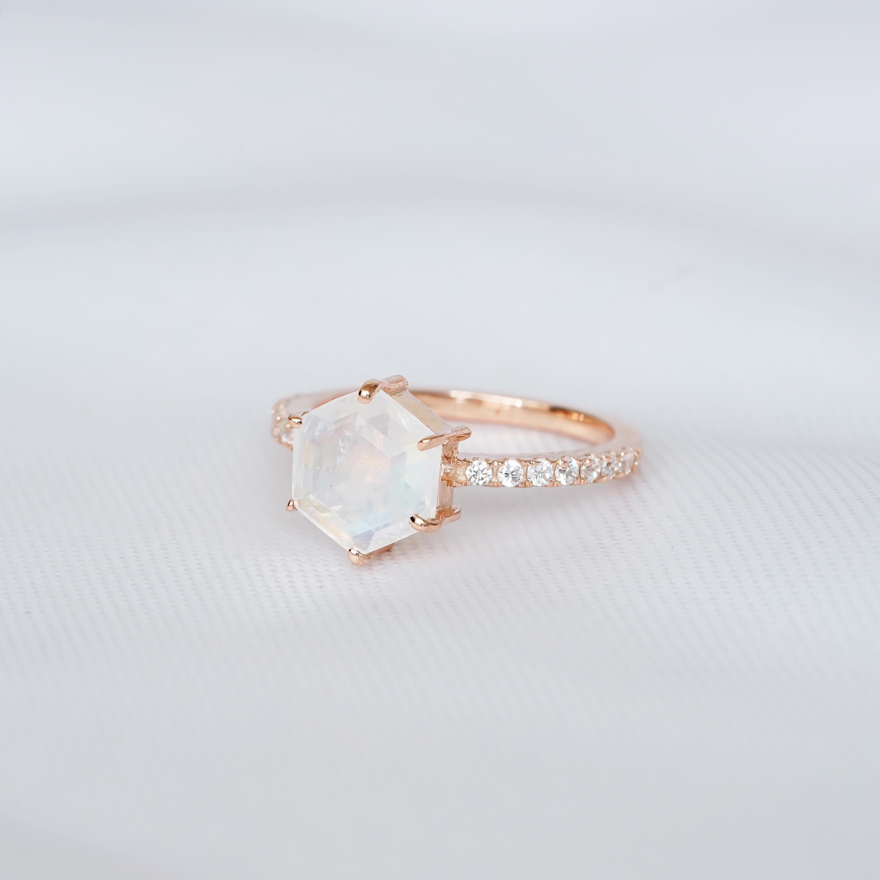 Hexagon Moonstone Engagement Ring 925 Sterling Silver Half Eternity Halo Moissanite Wedding Ring Women Anniversary Gift June Birthstone