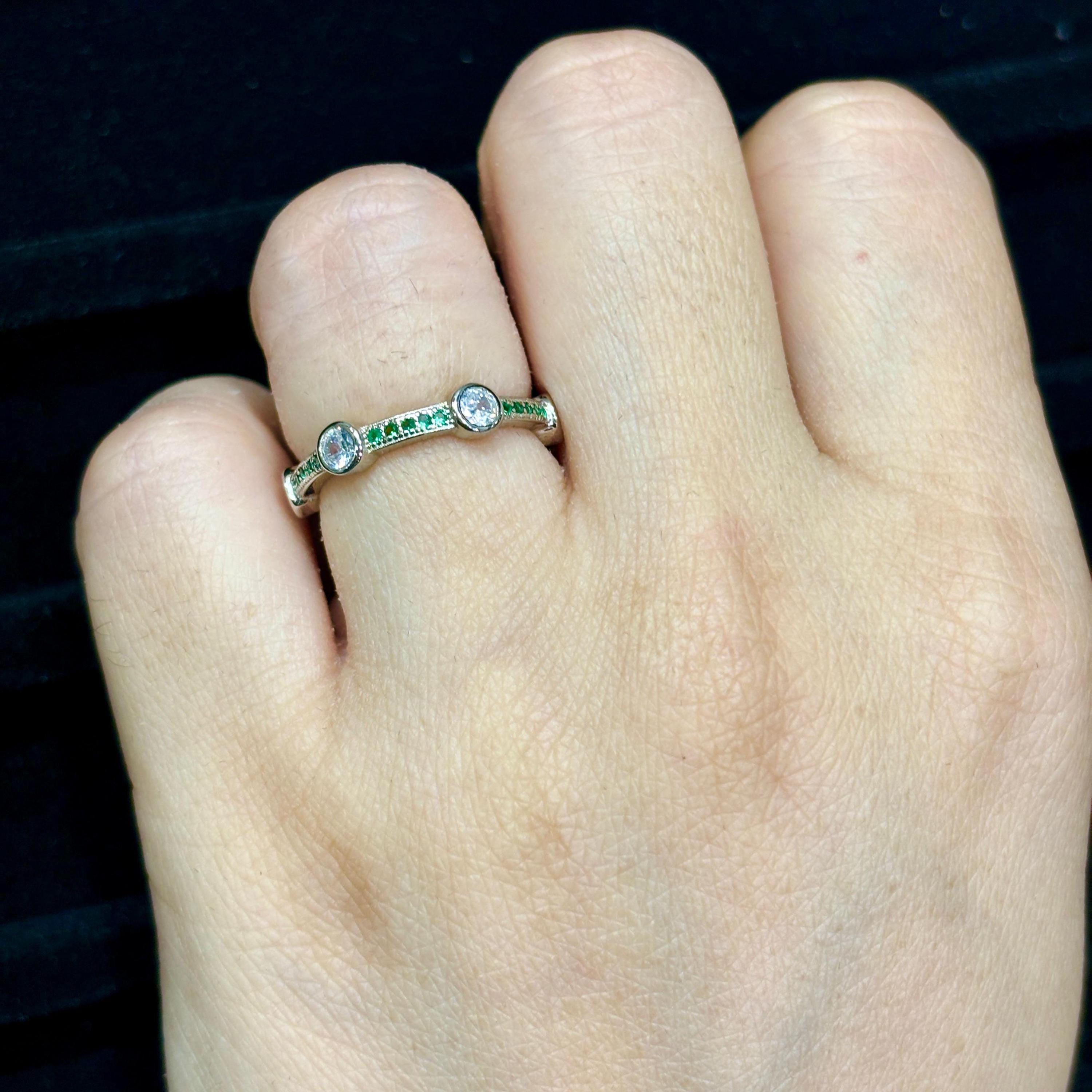 Moissanite Wedding Band With Emerald Bezel Set Art Deco Eternity Band Bubble Stacking Dainty Silver Anniversary Gift Promise Ring For Her