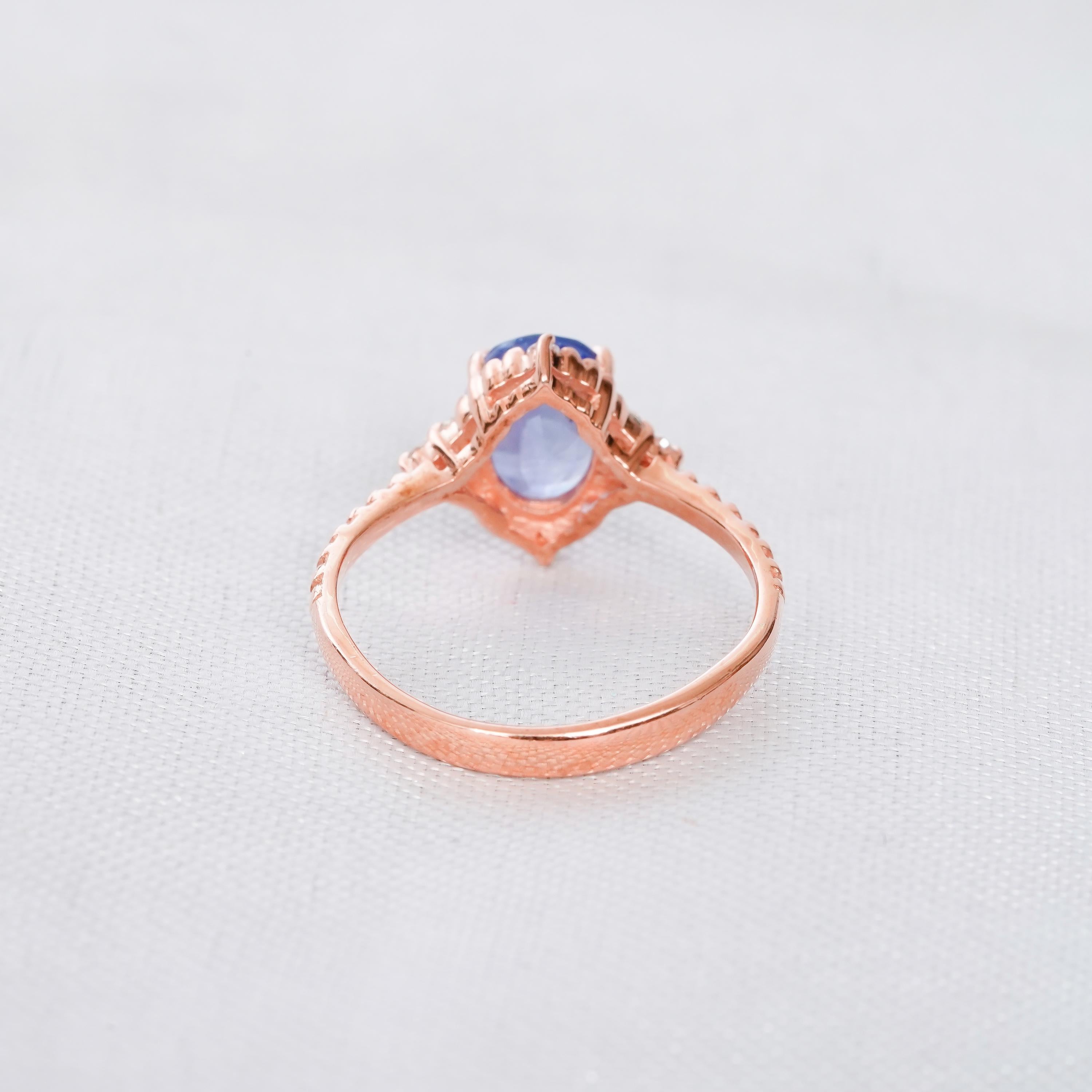 2ct Blue Sapphire Engagement Ring Set For Women Matching Blue Sapphire Wedding Band Art Deco Beaded Band Floral Halo Bridal Proposal Ring