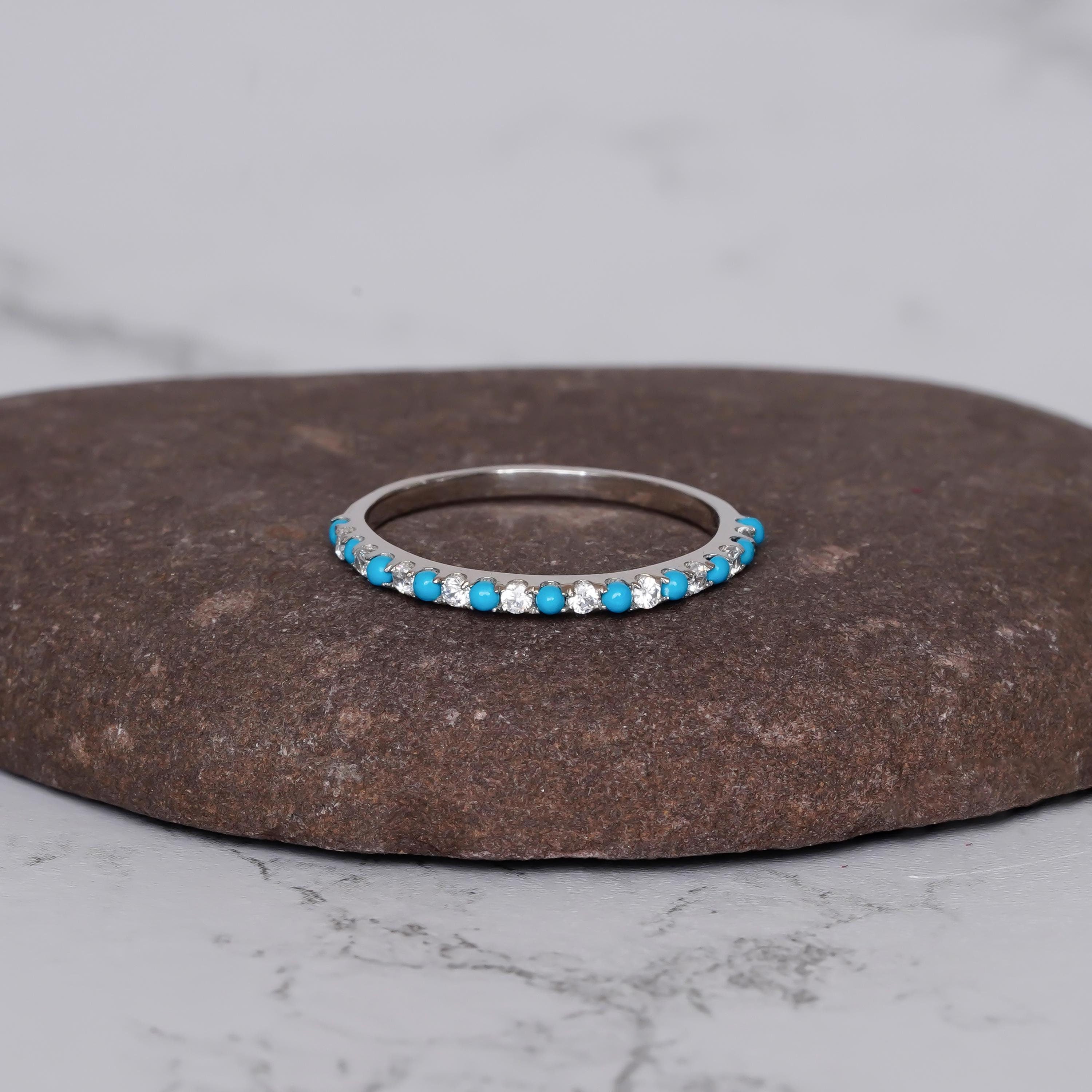 Turquoise Eternity Band For Women 925 Sterling Silver Moissanite Stackable Delicate Half Eternity Bridal Matching Anniversary Gift Dainty