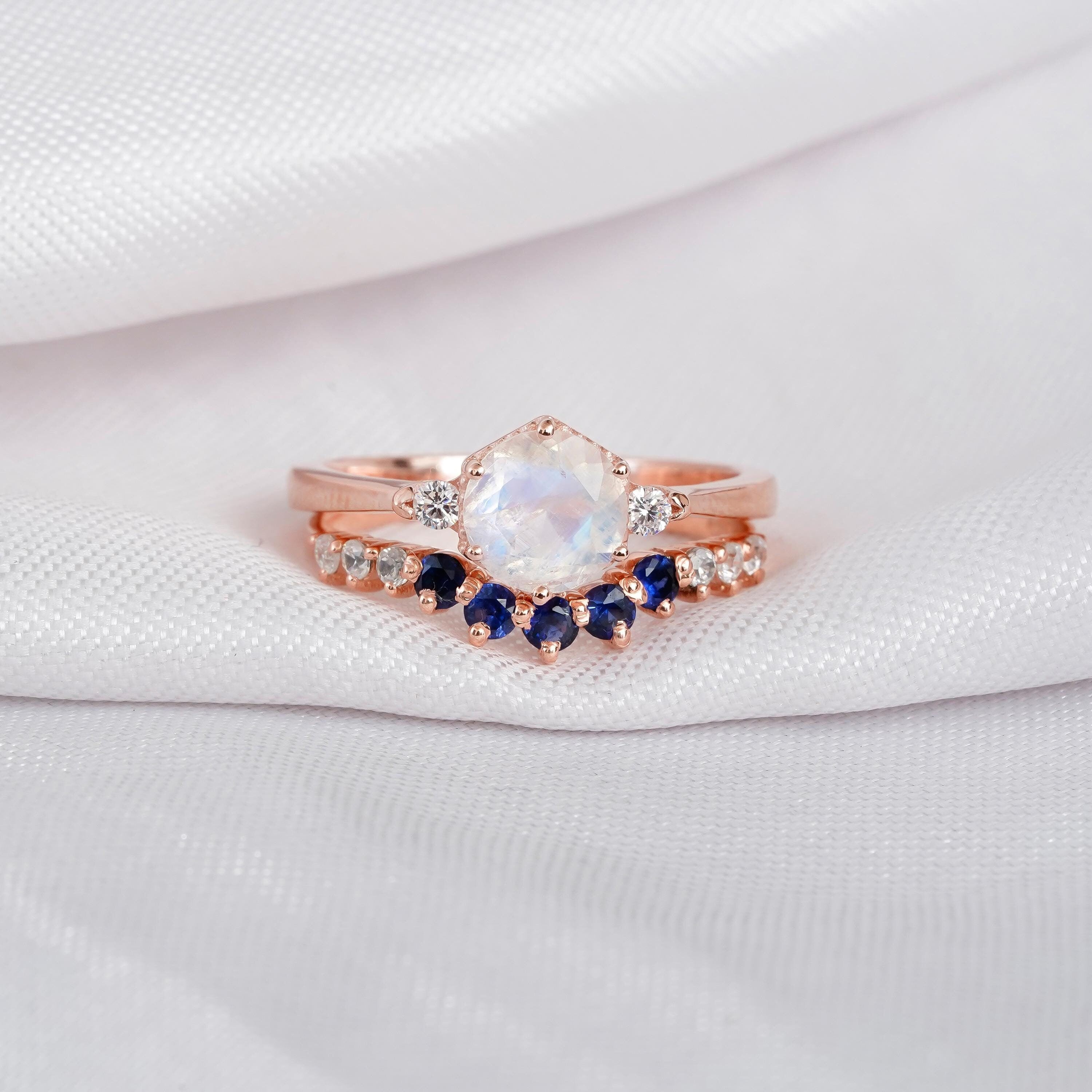 Moonstone Engagement Ring Set Matching Blue Sapphire Curved Wedding Band For Women Hexagon Vintage 6 Prong Eternity Bridal Proposal Ring