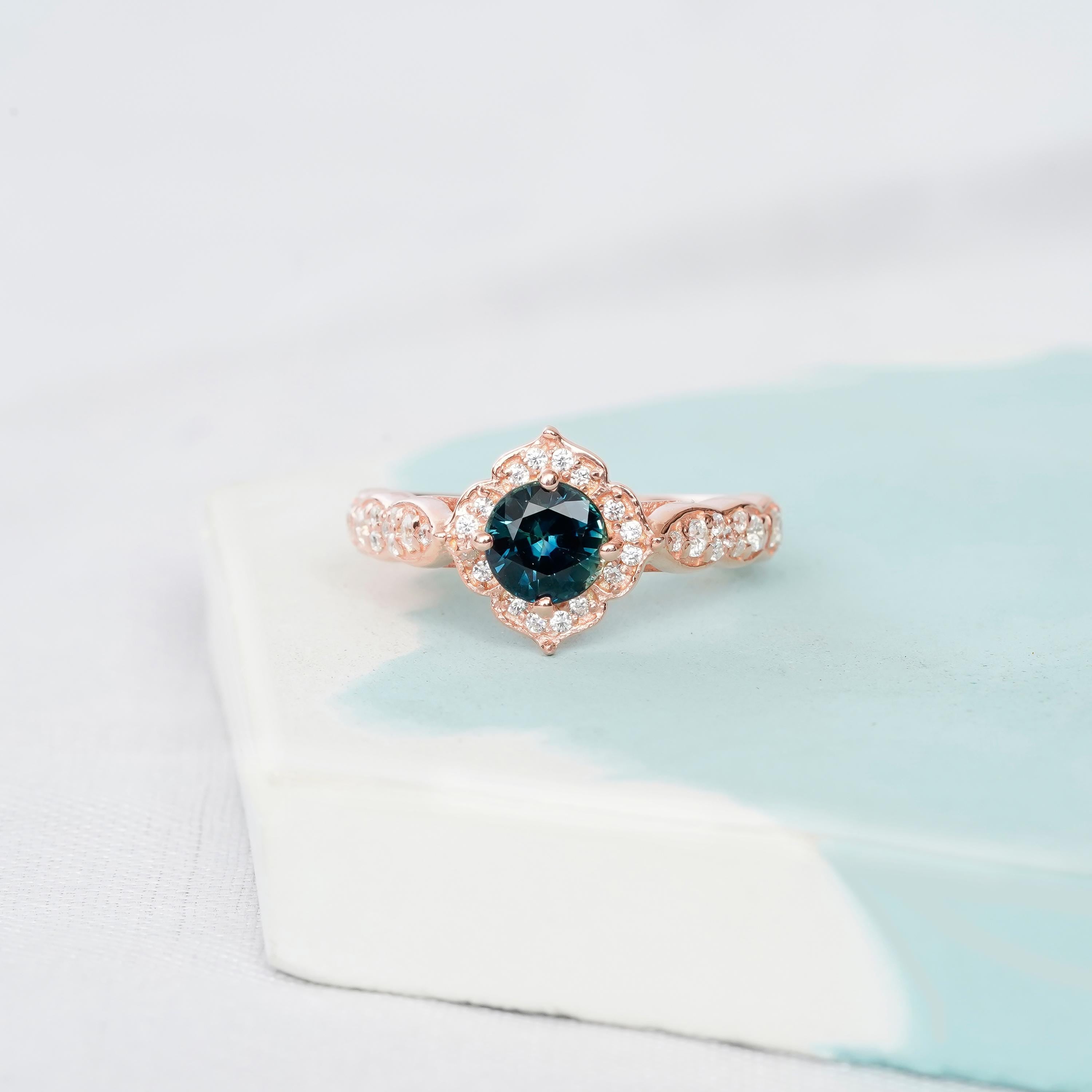 Alexandrite Engagement Ring Set Halo Matching Blue Sapphire Dainty Wedding Band For Women Art Deco Milgrain Floral Halo Bridal Proposal Ring