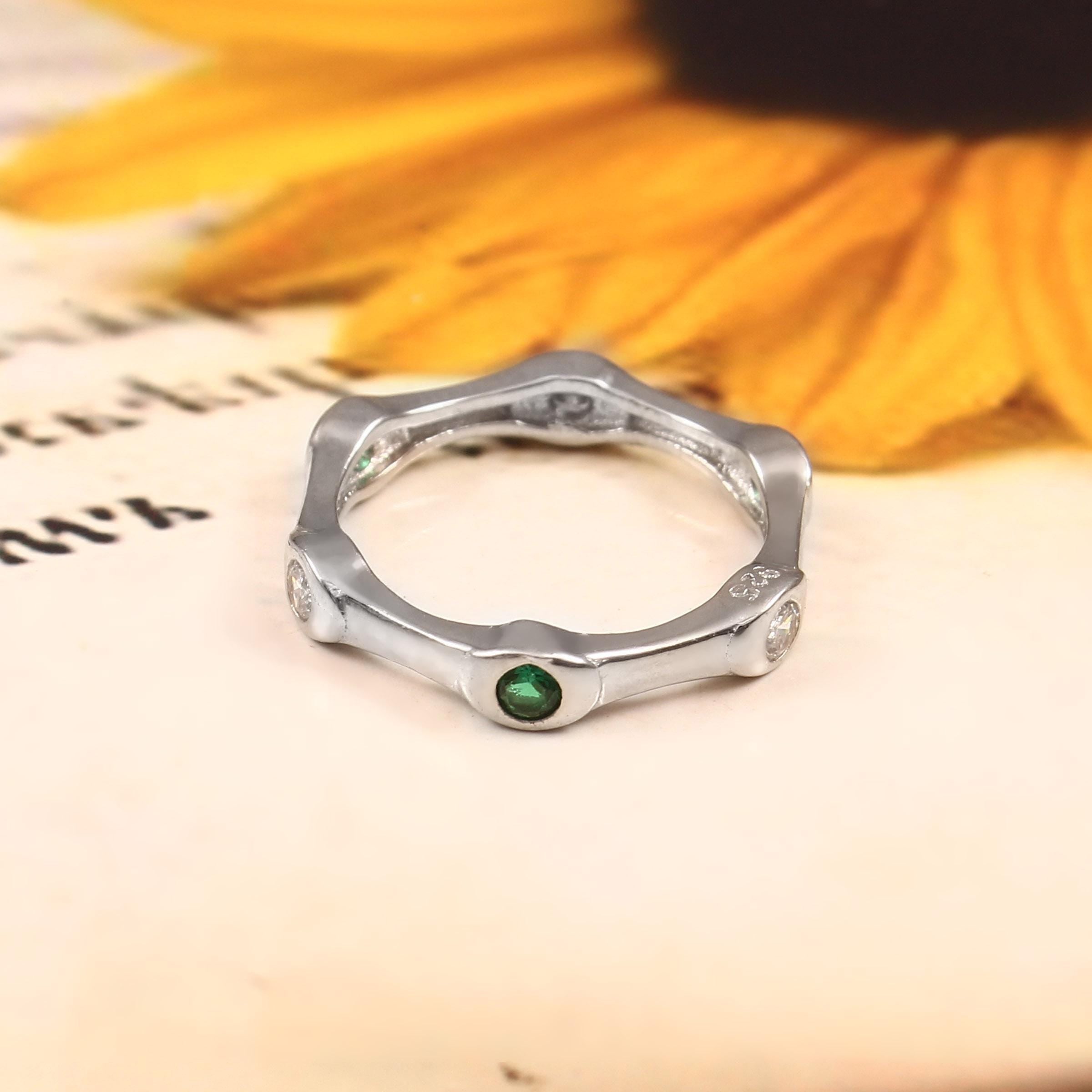 Moissanite Wedding Band With Emerald Bezel Set Art Deco Eternity Band Bubble Stacking Dainty Branch Shape Silver Promise Ring For Her
