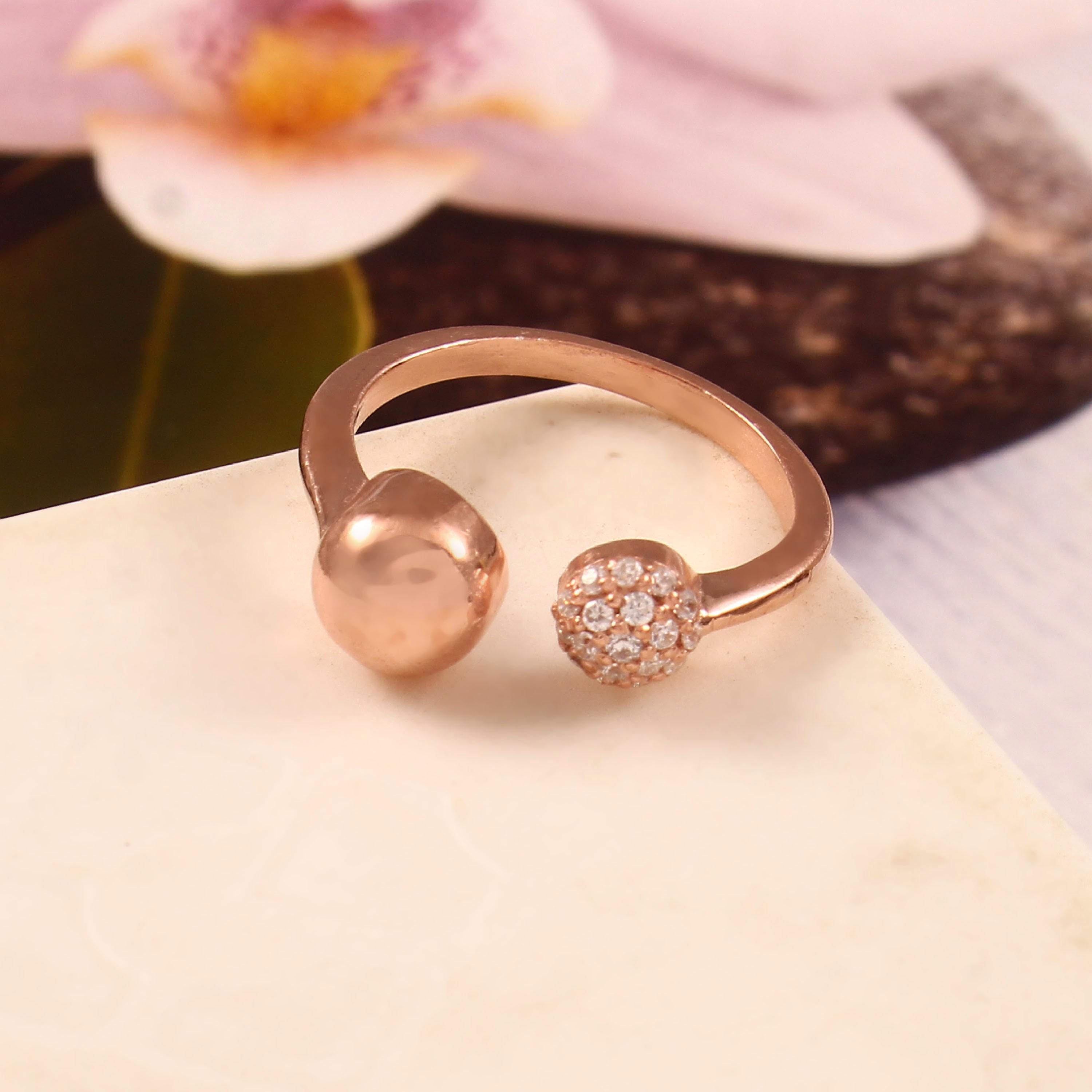 Rose Gold Open Ring for Women | Adjustable Ball & Pave Diamonds Statement Ring | Dainty Minimalist Jewelry Gift | Modern Elegant Design