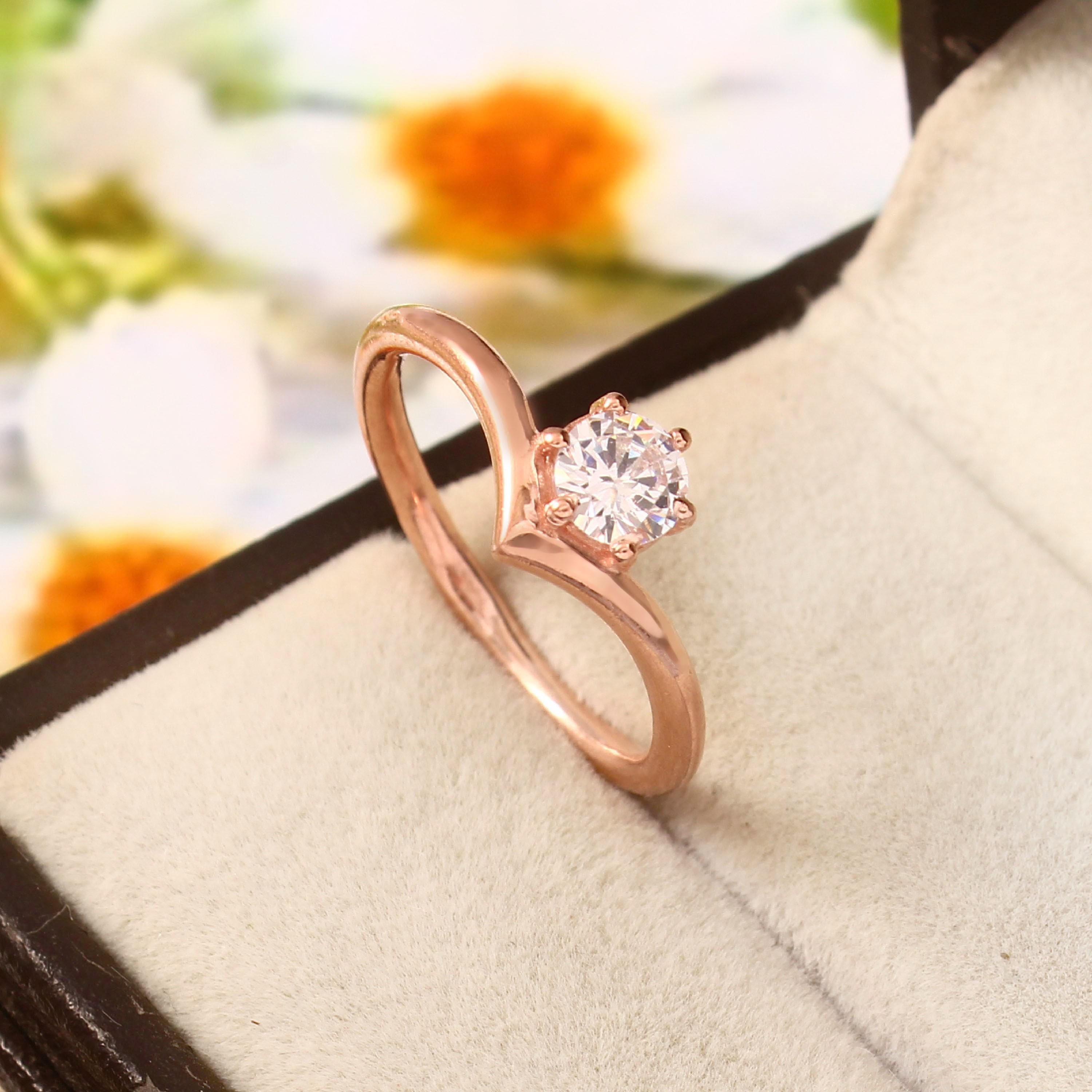 Moissanite Chevron Ring Solitaire 6 Prongs Engagement Wedding Bridal 925 Sterling Silver Minimalist Thin Curved V Shape Band Anniversary