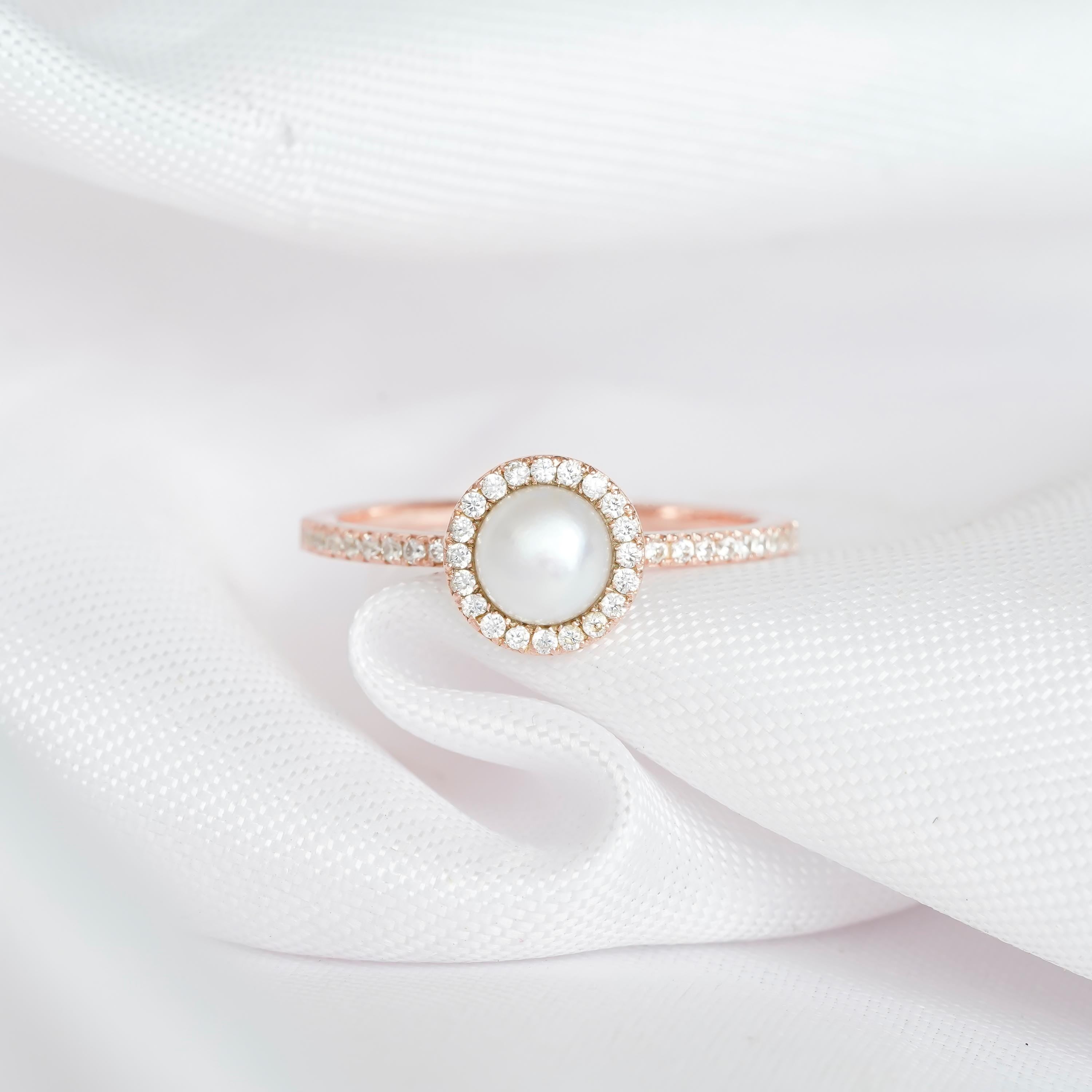 Pearl Halo Engagement Ring 925 Sterling Silver Round Freshwater Pearl Wedding Ring For Women Proposal Minimalist Pave Set White Pearl Ring